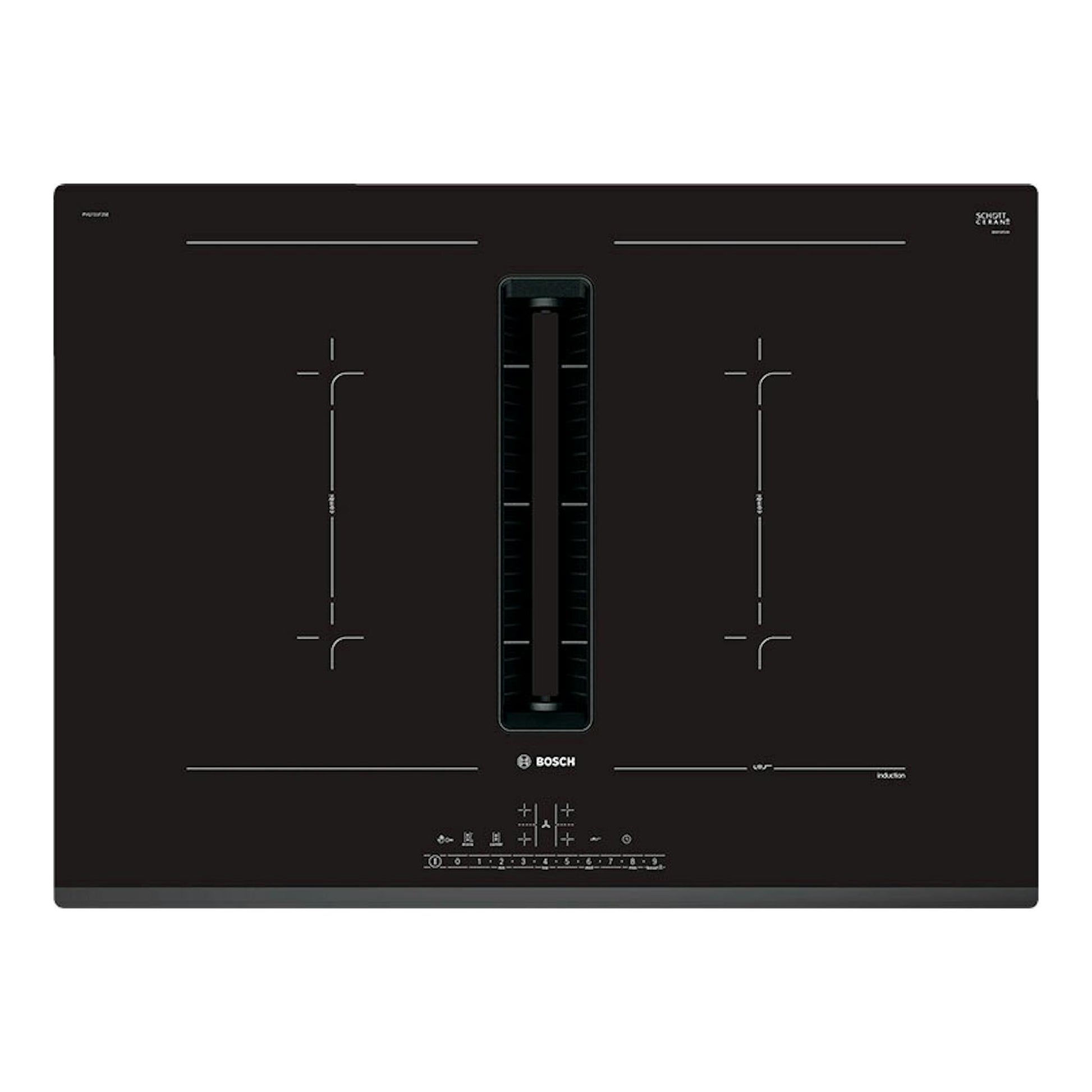 Placa de inducción Bosch PVQ731H26E negra, vista frontal, con extractor integrado central.
