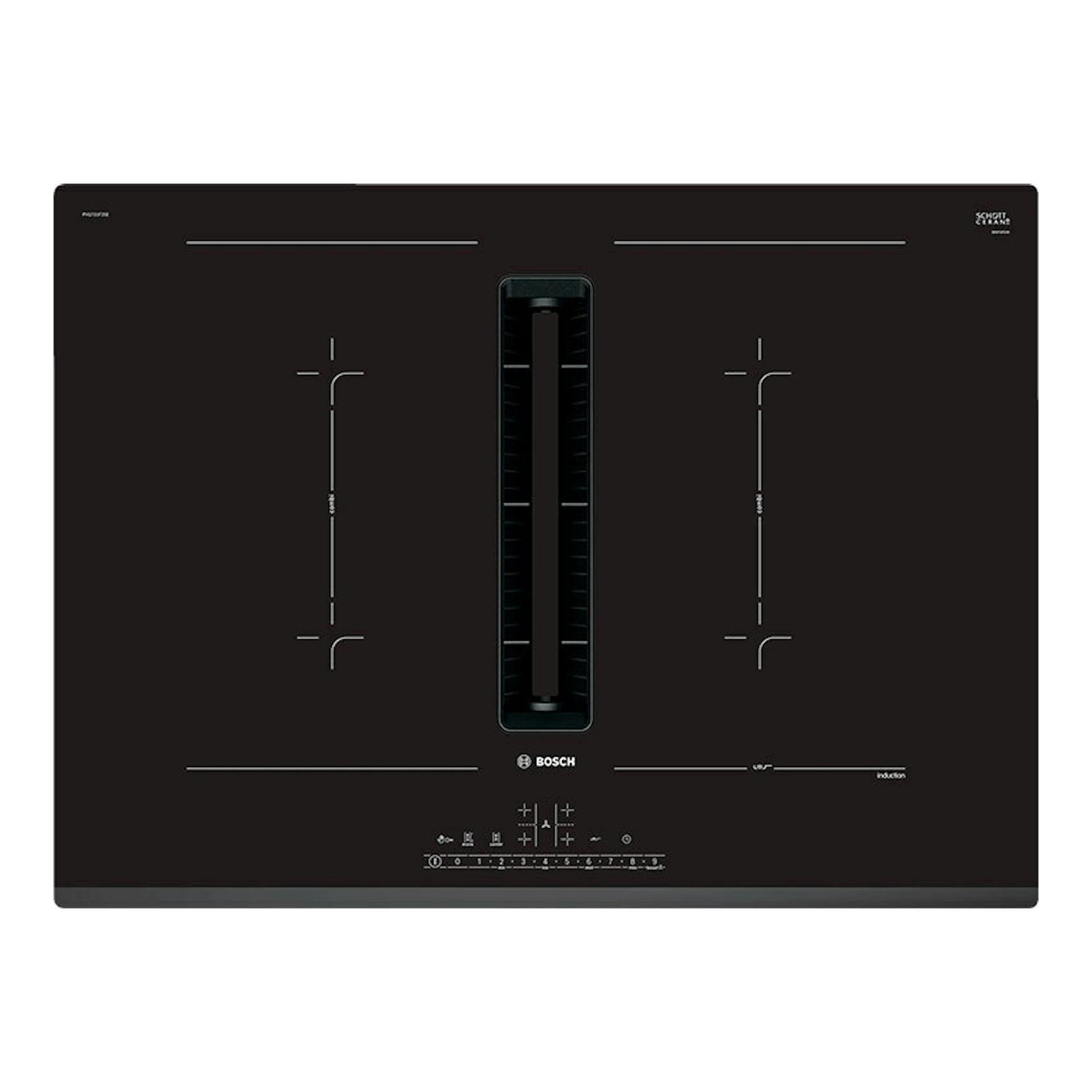 Placa de inducción Bosch PVQ731H26E negra, vista frontal, con extractor integrado central.