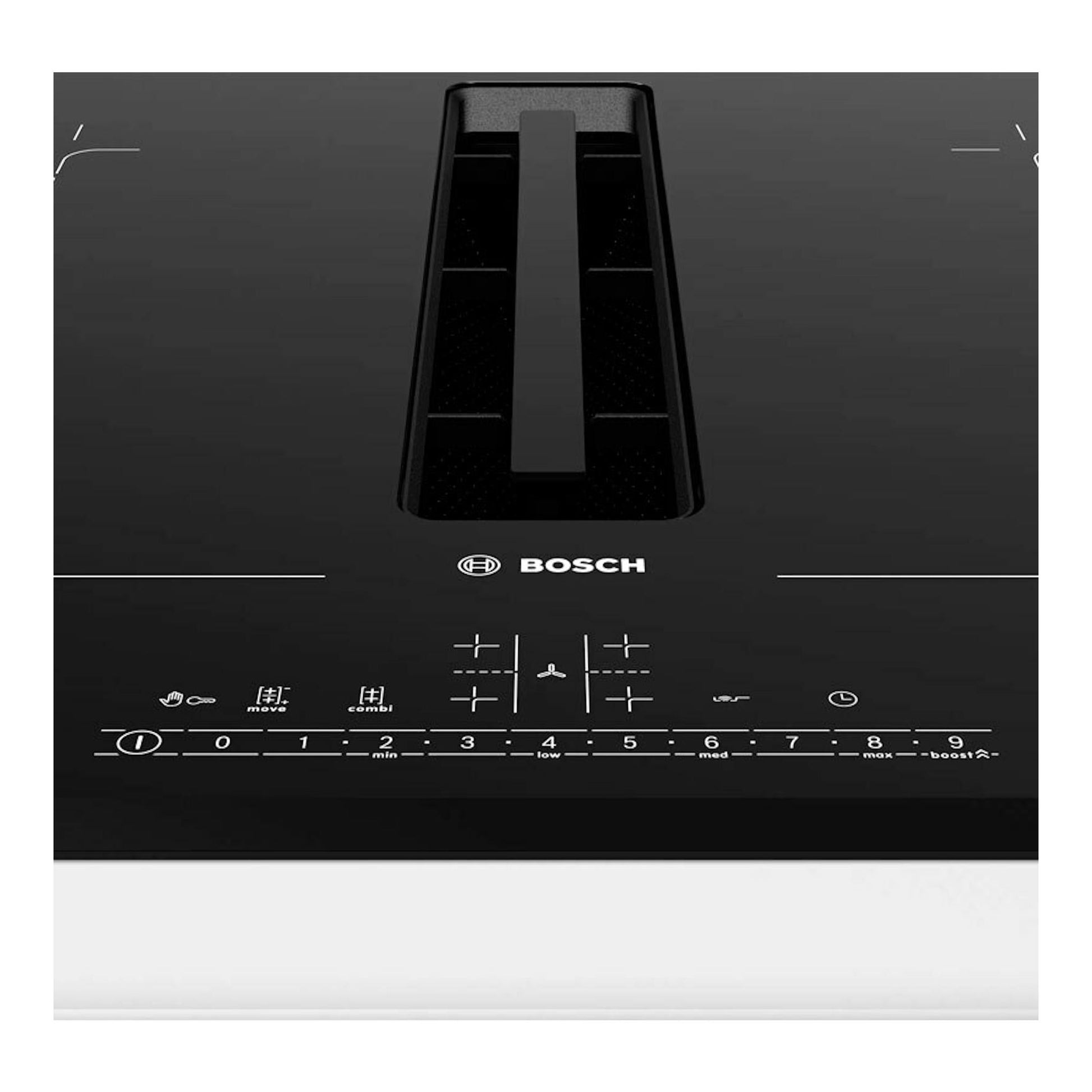 Placa de inducción Bosch PVQ731H26E negra de 70 cm con extractor integrado, vista frontal.