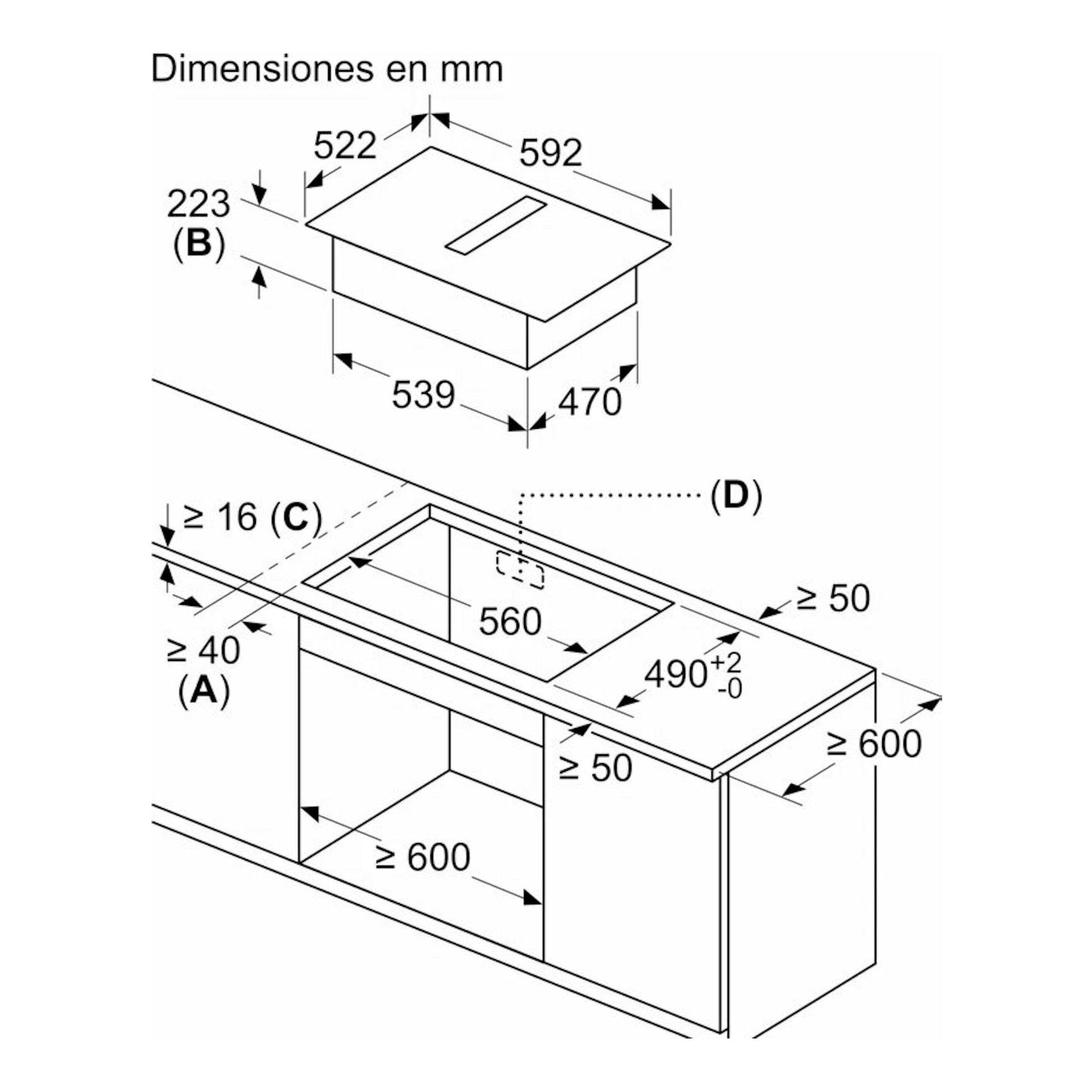 Diagrama técnico de la placa Bosch PVS611B16E con extractor integrado, vista isométrica en blanco y negro.