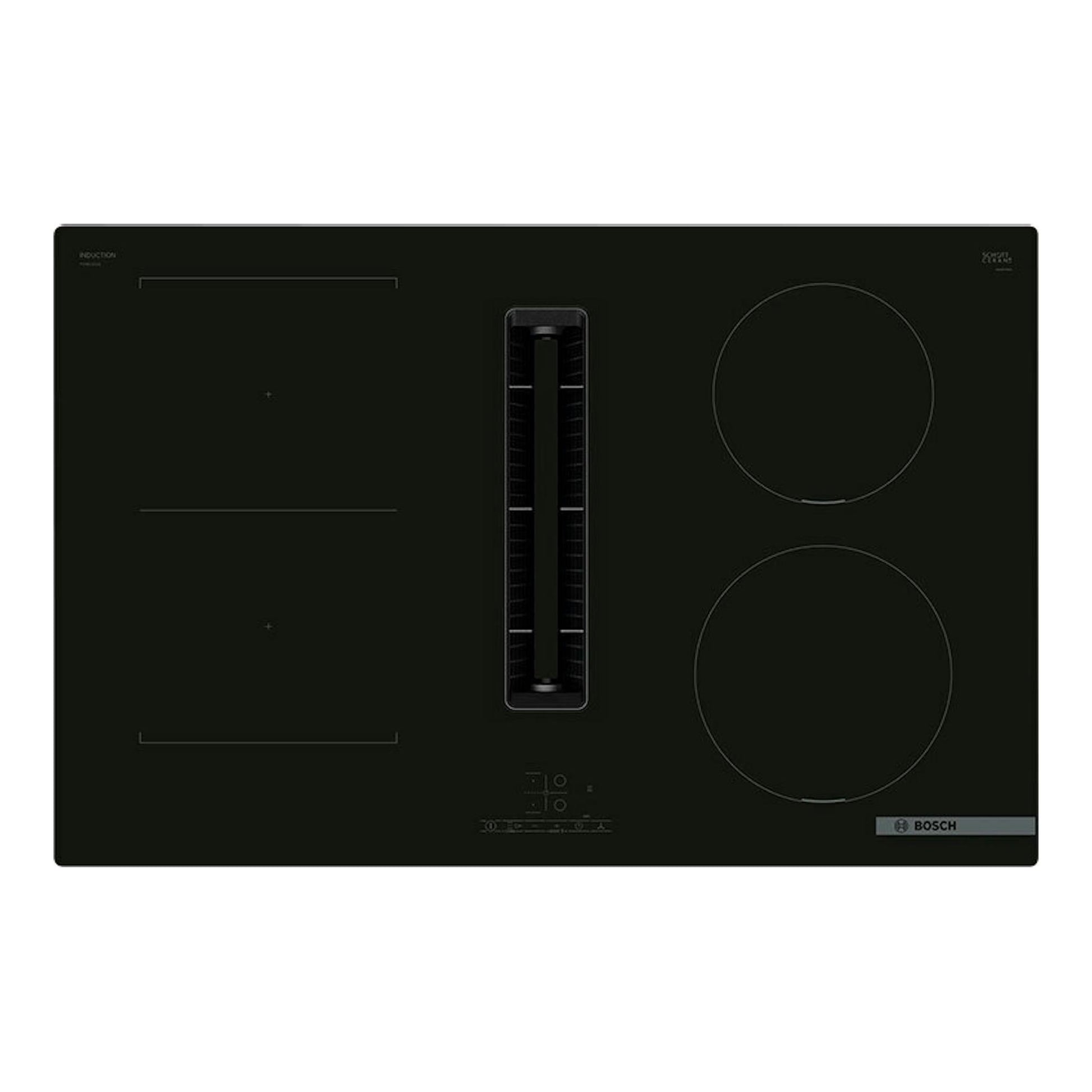 Placa de inducción Bosch PVS811B16E negra, vista frontal, con extractor integrado central.