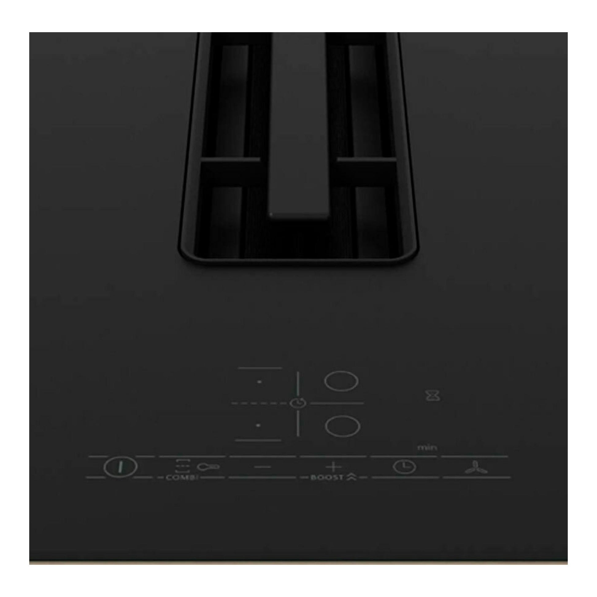 Placa de inducción Bosch PVS811B16E negra con extractor integrado, vista frontal, panel táctil visible.
