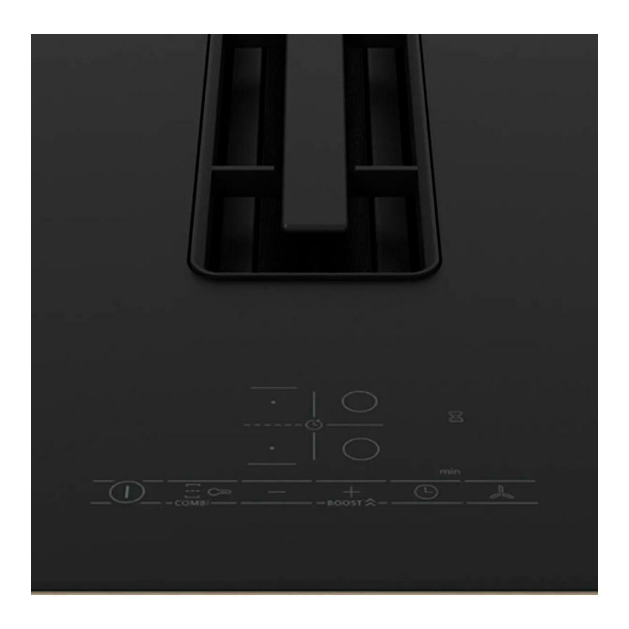 Placa de inducción Bosch PVS811B16E negra con extractor integrado, vista frontal, panel táctil visible.