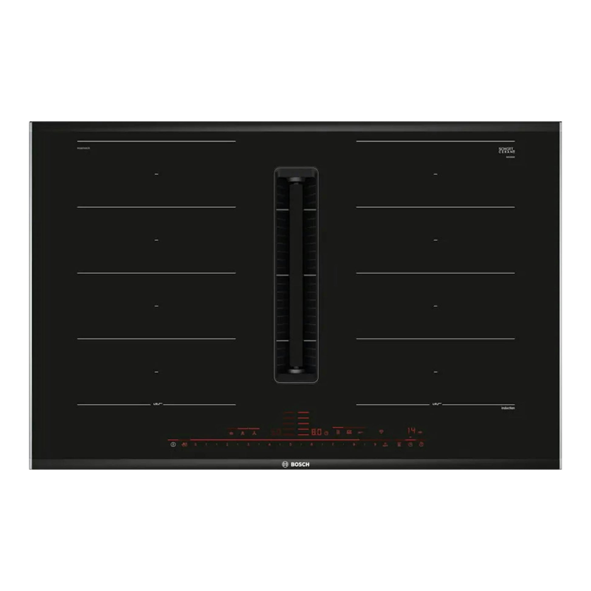 Placa de inducción Bosch PXX875D57E negra, vista frontal, con extractor integrado central.