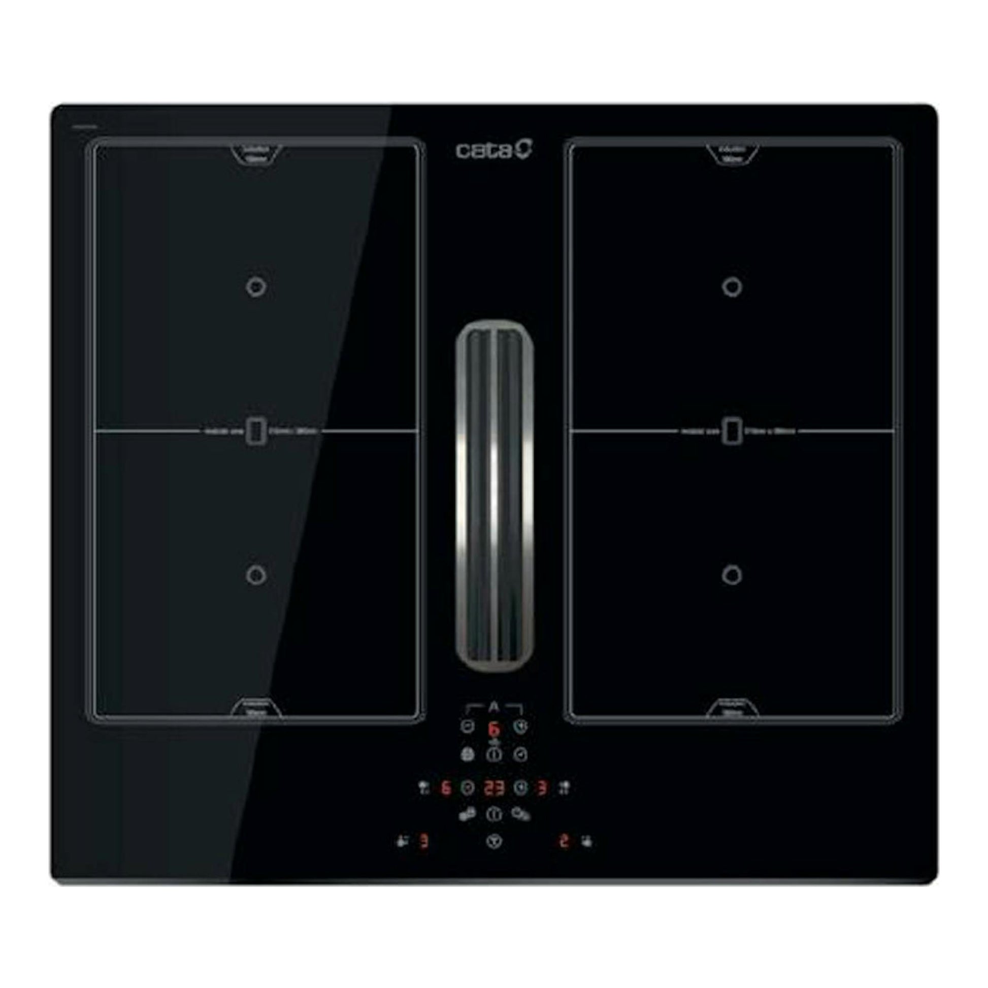 Placa de inducción Cata AS600 negra, vista frontal, con extractor integrado central y dos zonas de cocción.