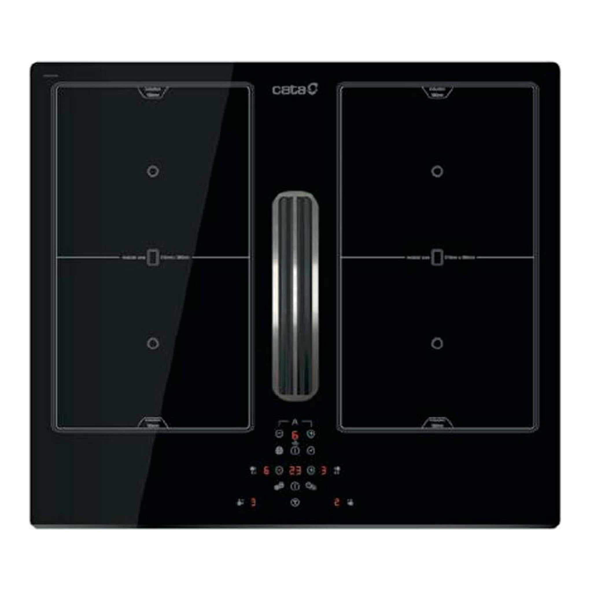 Placa de inducción Cata AS600 negra, vista frontal, con extractor integrado central y dos zonas de cocción.