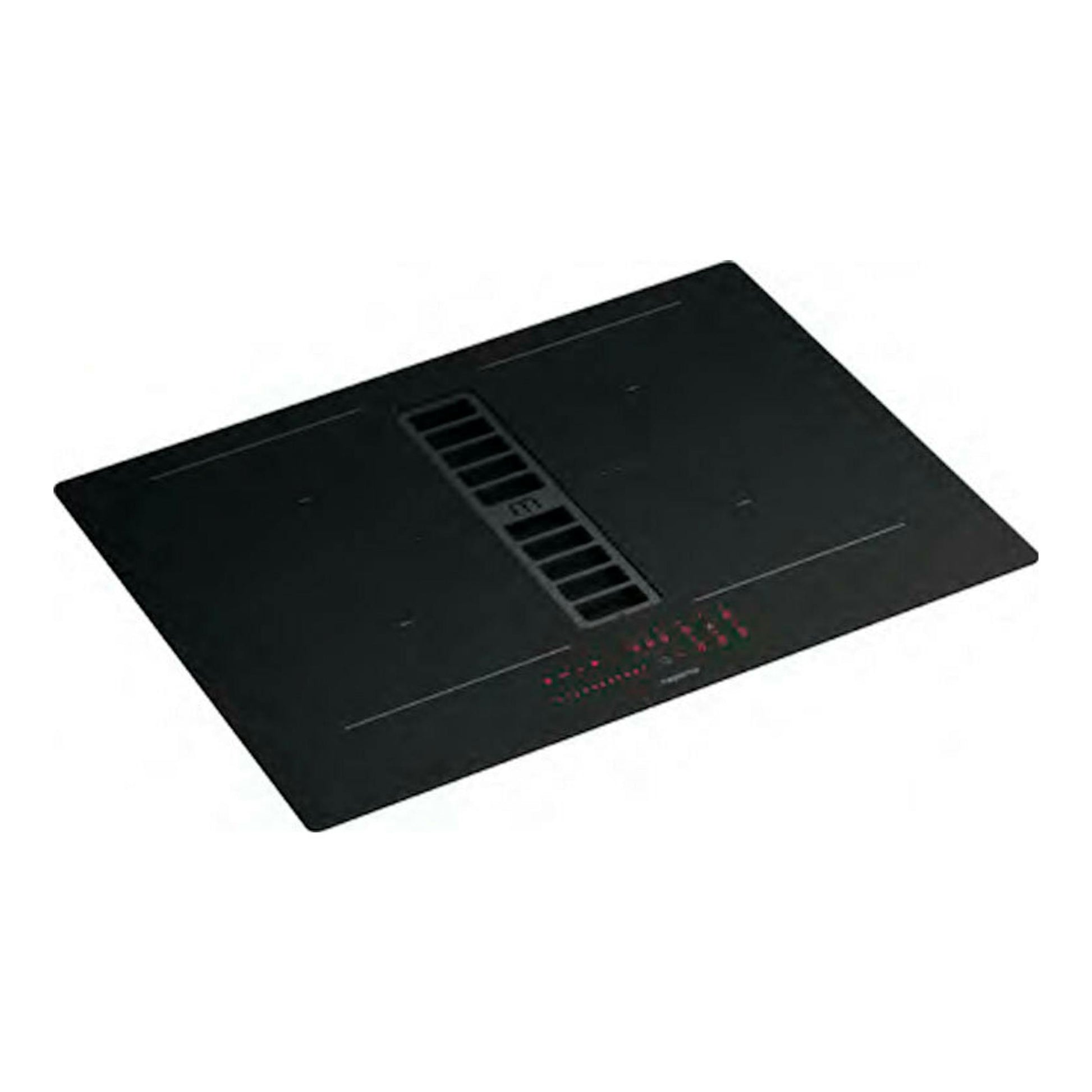 Placa de inducción negra Mepamsa Indu Max BK con extractor integrado, vista en ángulo.