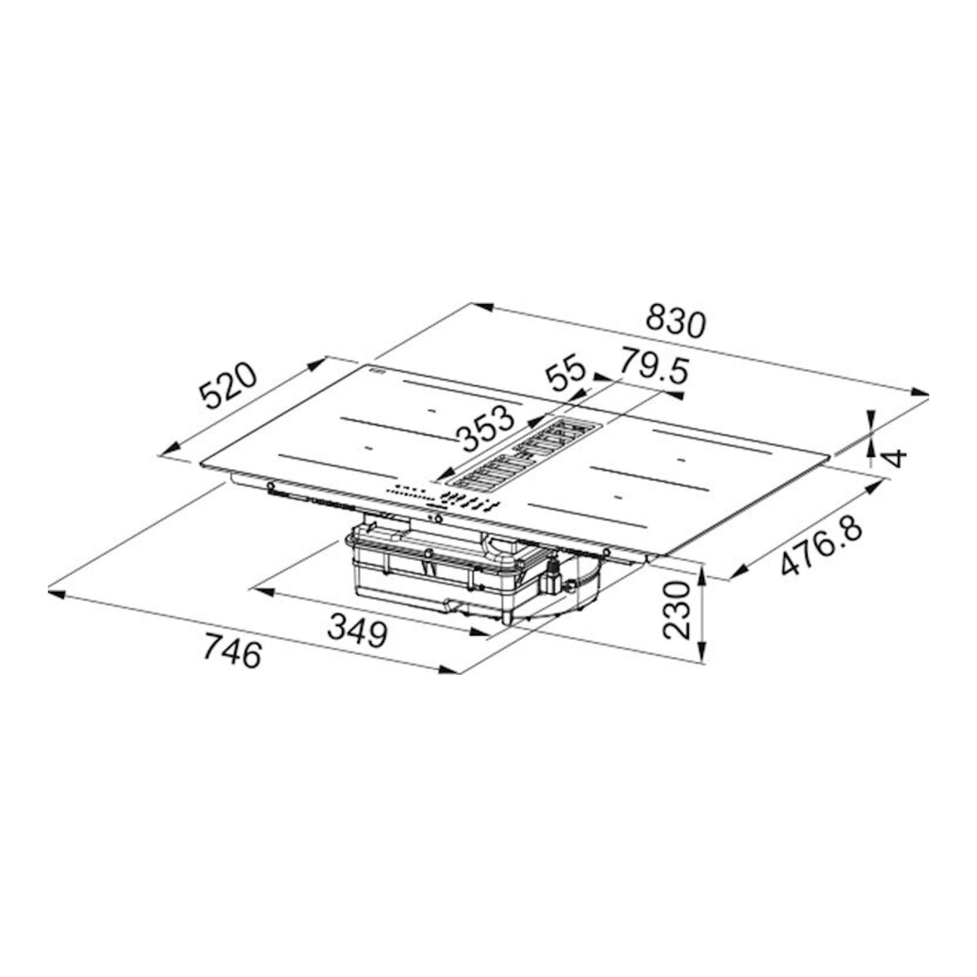 Mepamsa Indu Max X: esquema técnico en blanco y negro de placa de inducción con extractor integrado, vista isométrica.