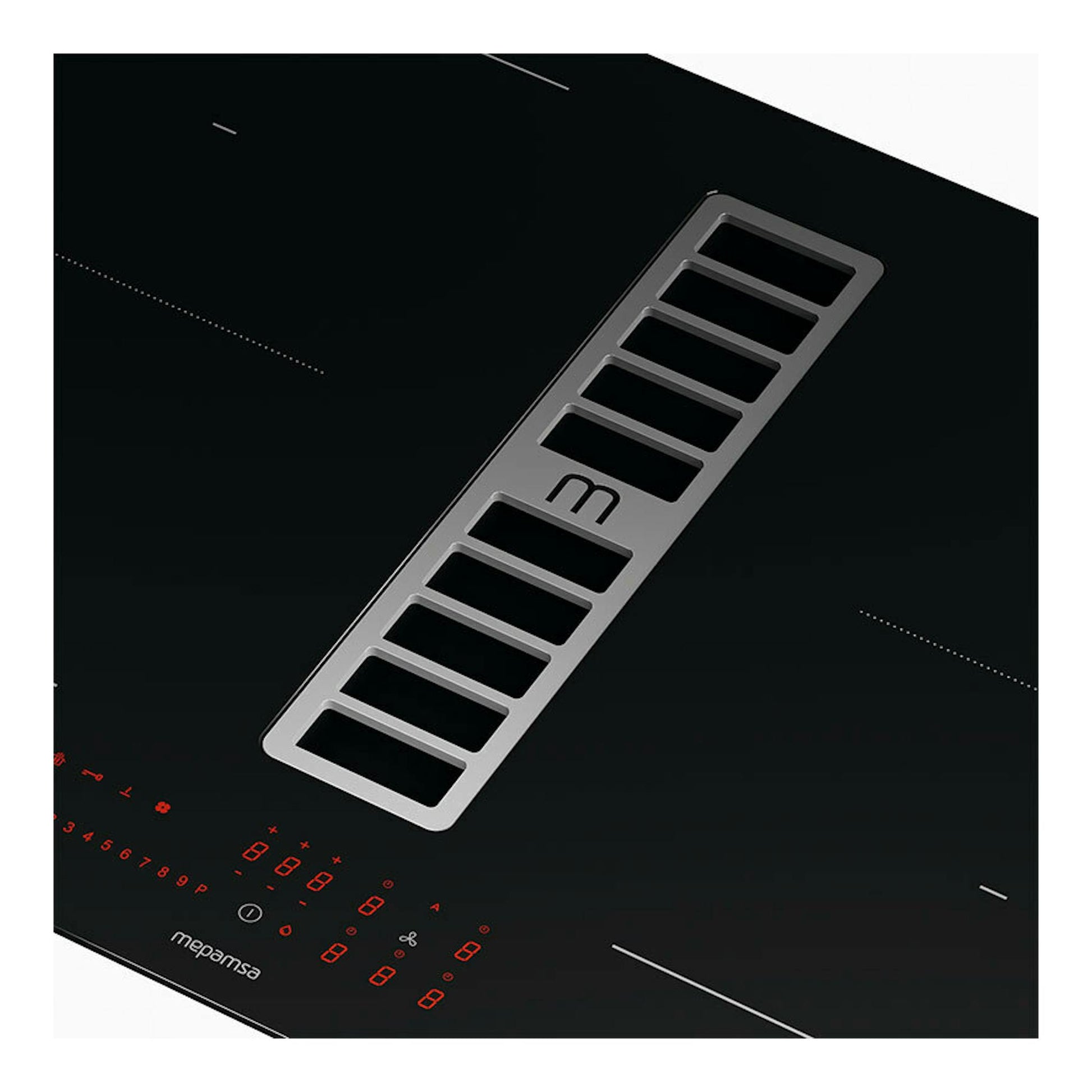 Placa de inducción Mepamsa Indu Max X negra, vista en perspectiva, con extractor integrado central.
