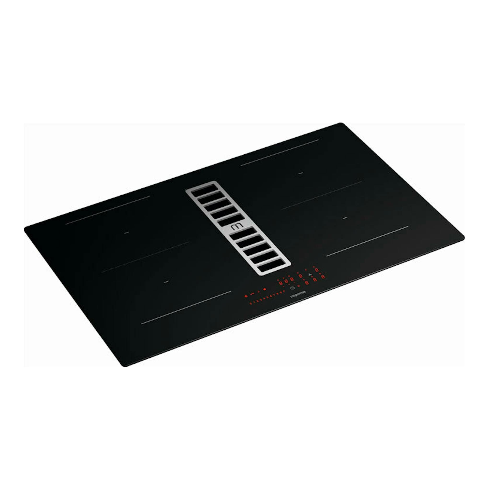 Placa de inducción negra Mepamsa Indu Max X de 83 cm con extractor integrado, vista en perspectiva.
