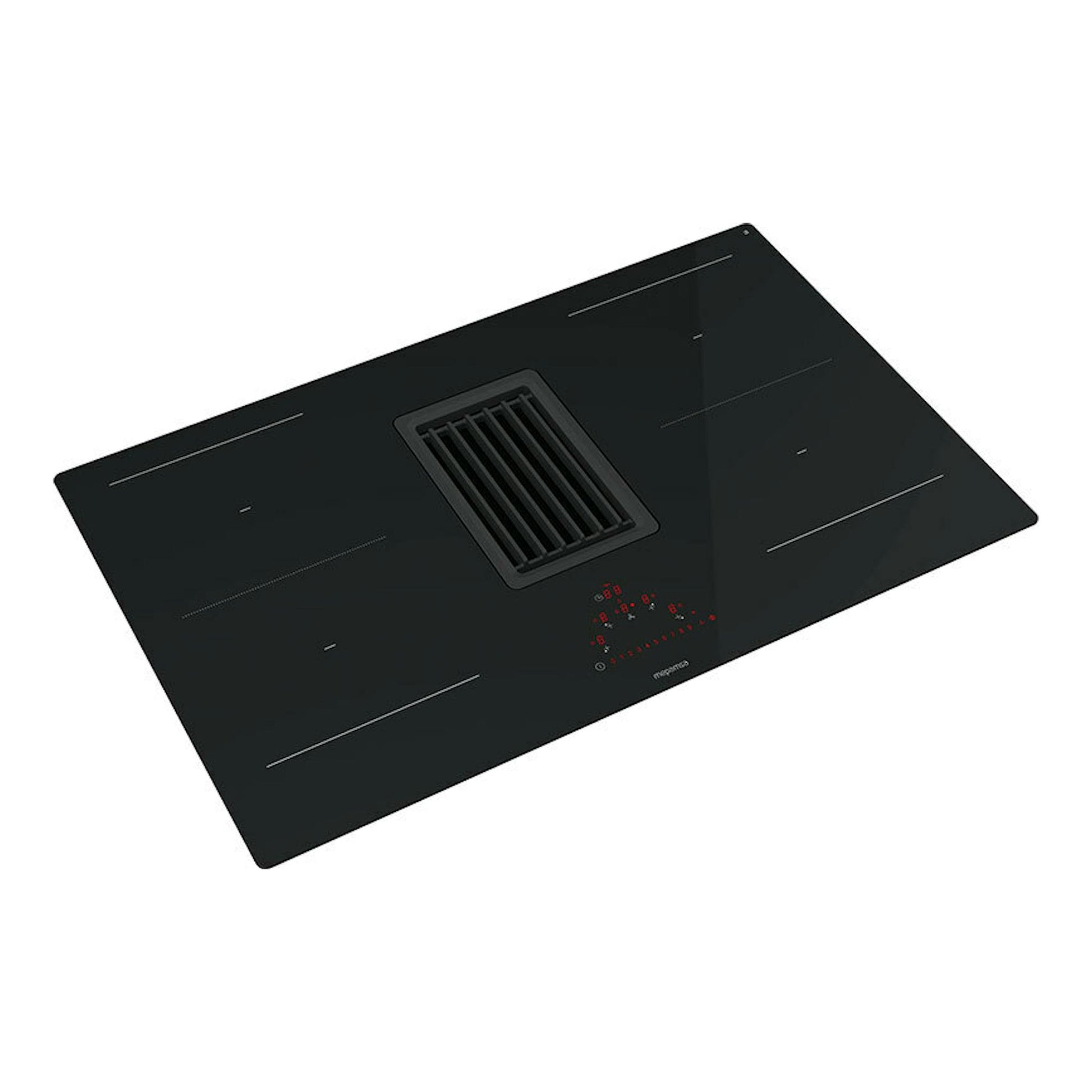 Placa de inducción negra Mepamsa Indu Pro con extractor integrado, vista en ángulo desde arriba.