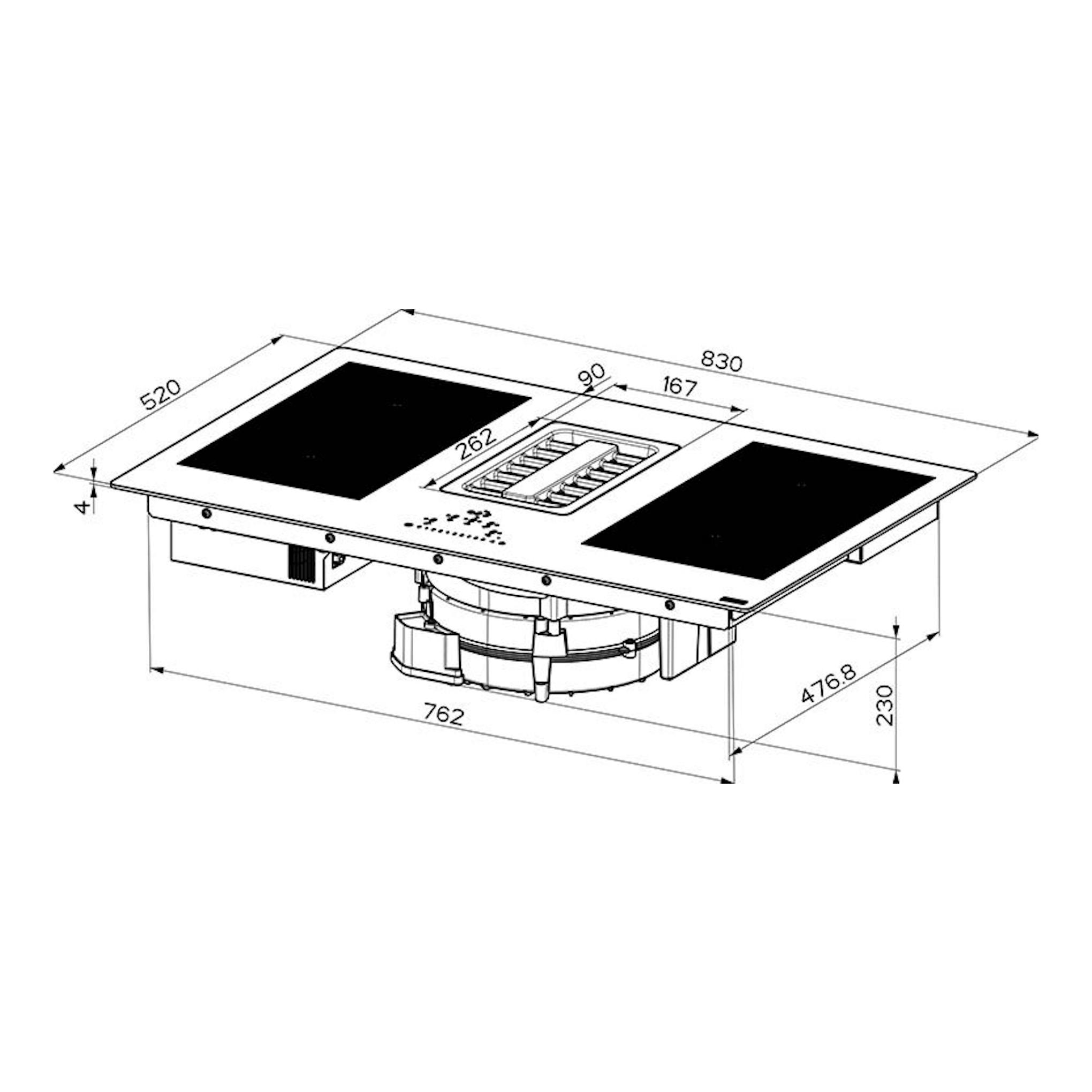 Placa de inducción Mepamsa Indu Pro con extractor integrado, vista técnica en blanco y negro.