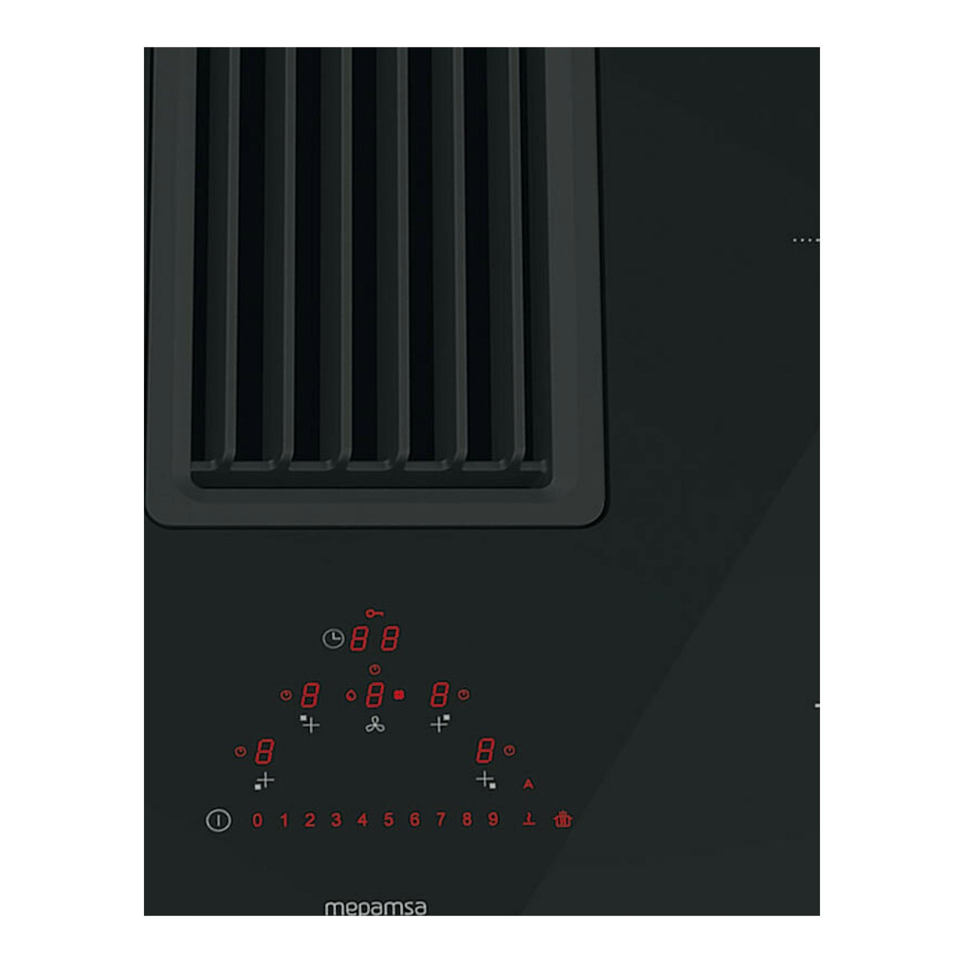 Placa de inducción negra Mepamsa Indu Pro con extractor integrado y mandos táctiles rojos, vista superior.