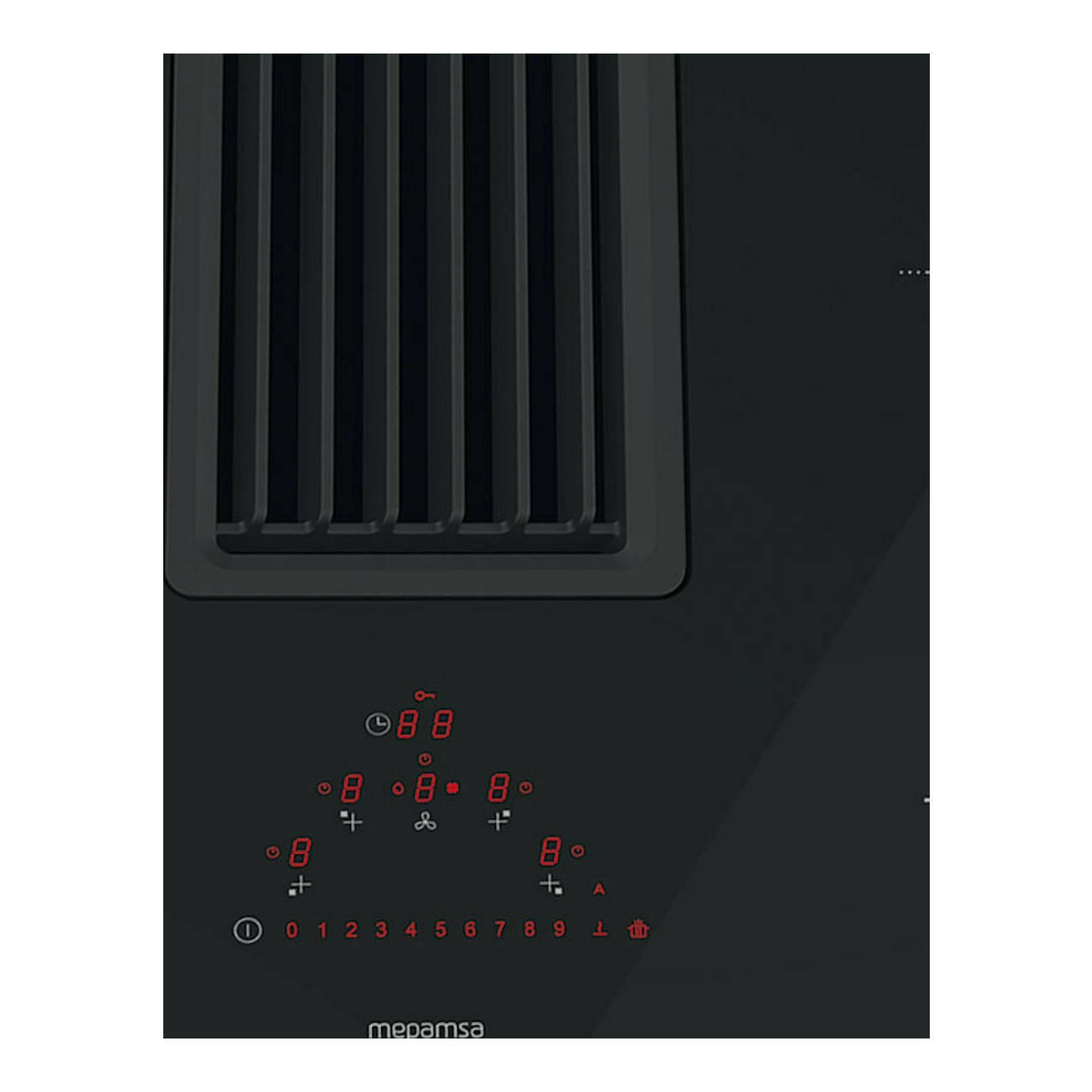 Placa de inducción negra Mepamsa Indu Pro con extractor integrado y mandos táctiles rojos, vista superior.