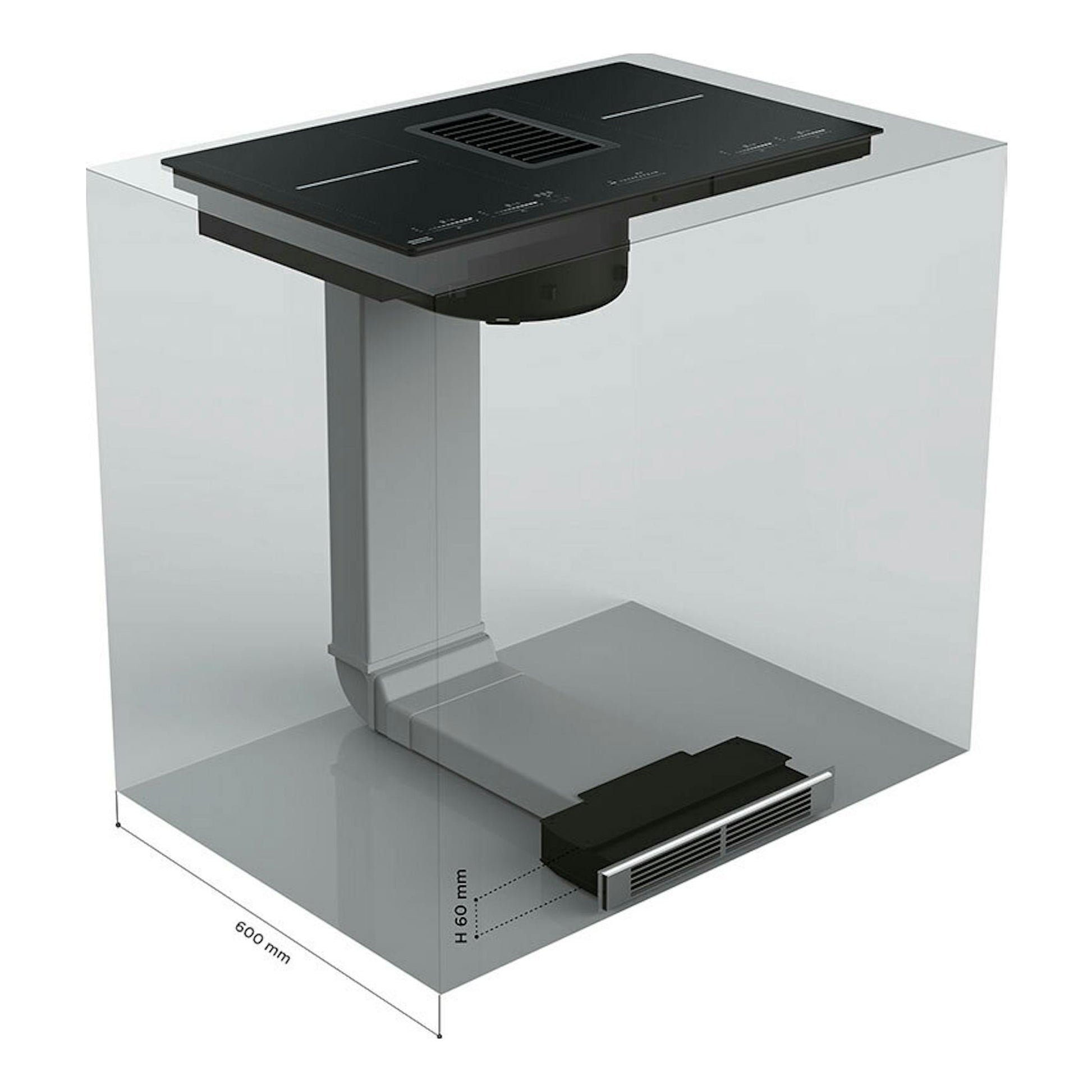 Mepamsa Indu Pro: placa de inducción negra con extractor integrado, vista 3D en armario transparente.