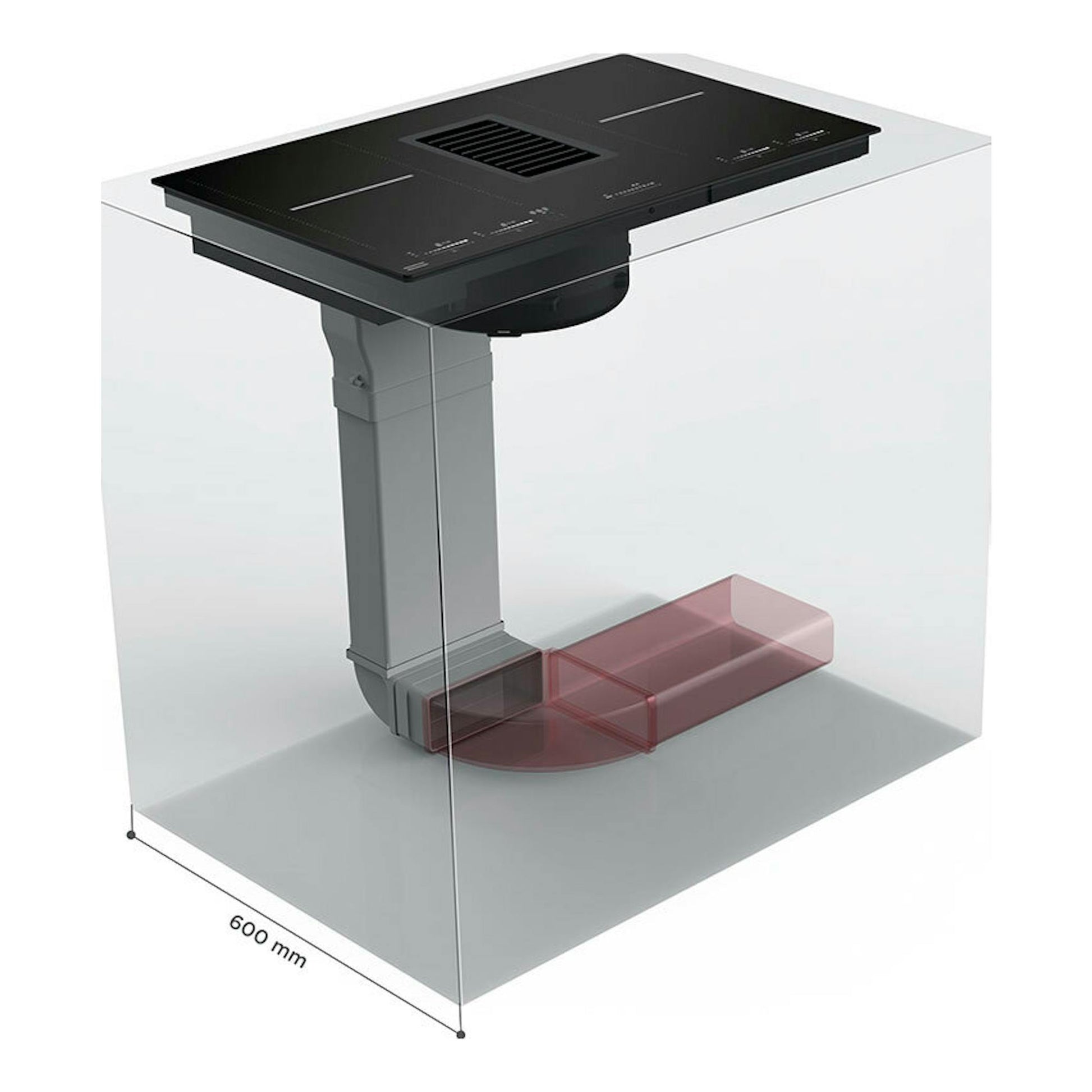 Mepamsa Indu Pro, placa de inducción negra con extractor integrado, vista isométrica en módulo transparente.