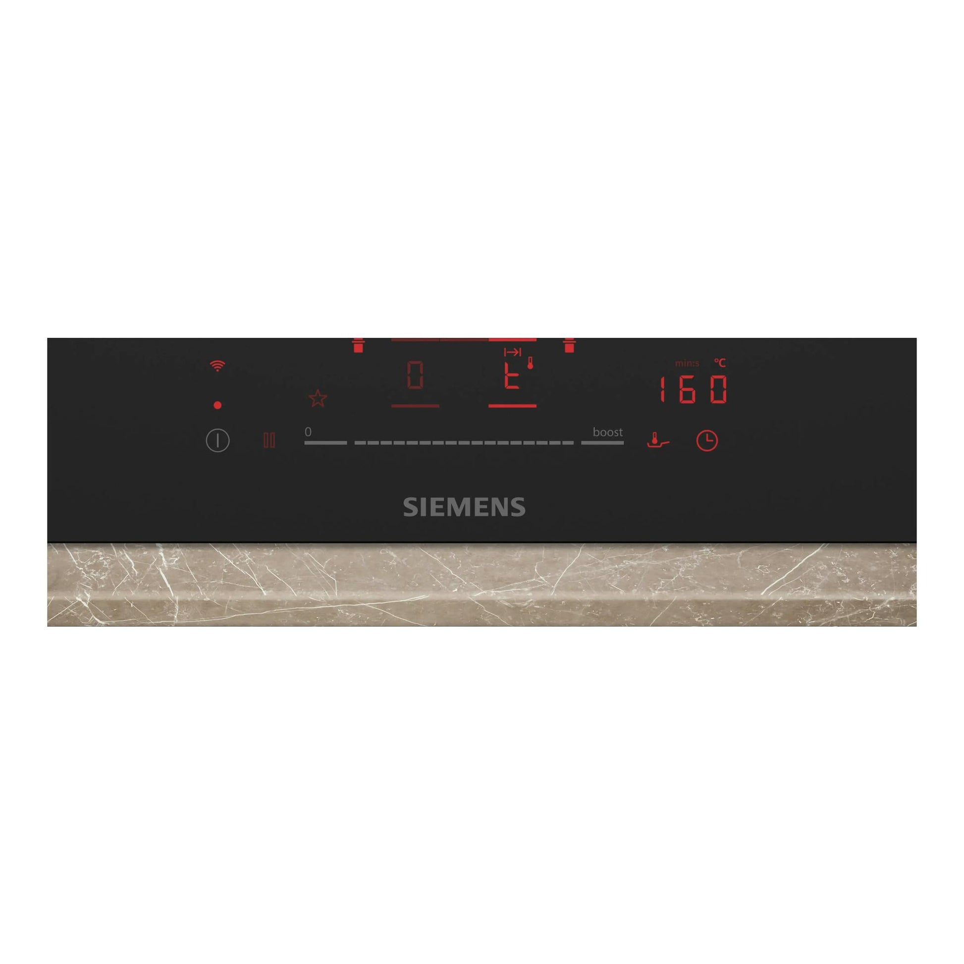 Panel táctil frontal de placa de inducción Siemens negra, con display rojo y controles digitales.