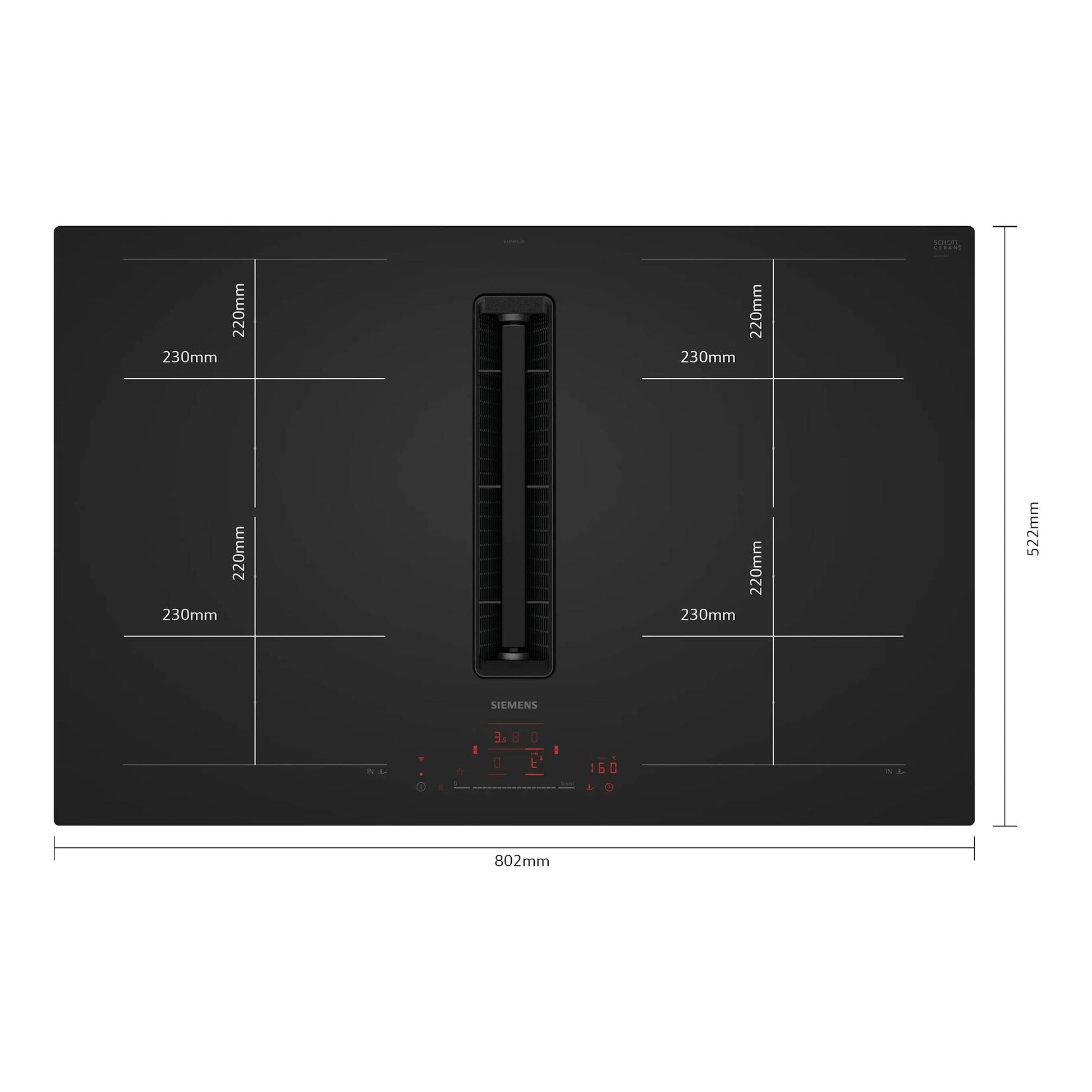 Placa de inducción Siemens EX81AHL26E negra, vista superior, con extractor central integrado y controles táctiles.