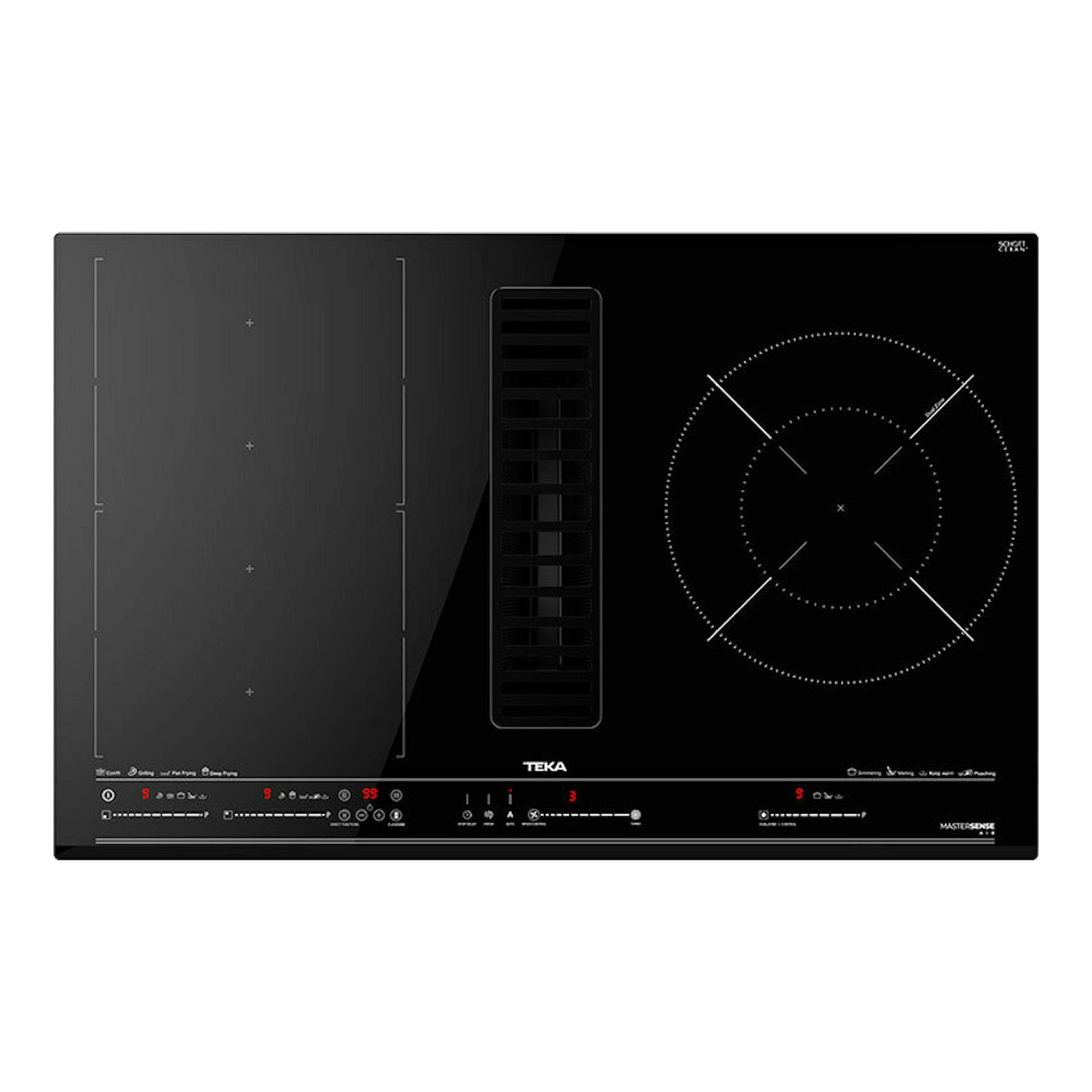 Placa de inducción Teka AFC87628MST BK negra, vista frontal, con extractor integrado central.