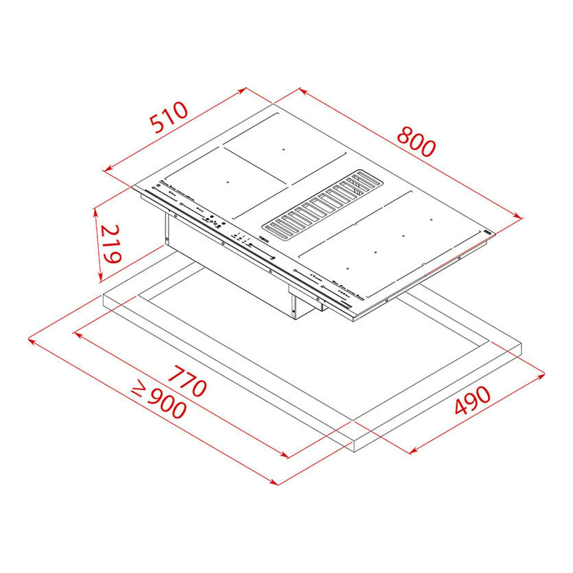 Teka AFC87628MST BK, placa de inducción con extractor integrado, vista técnica isométrica en blanco y negro.