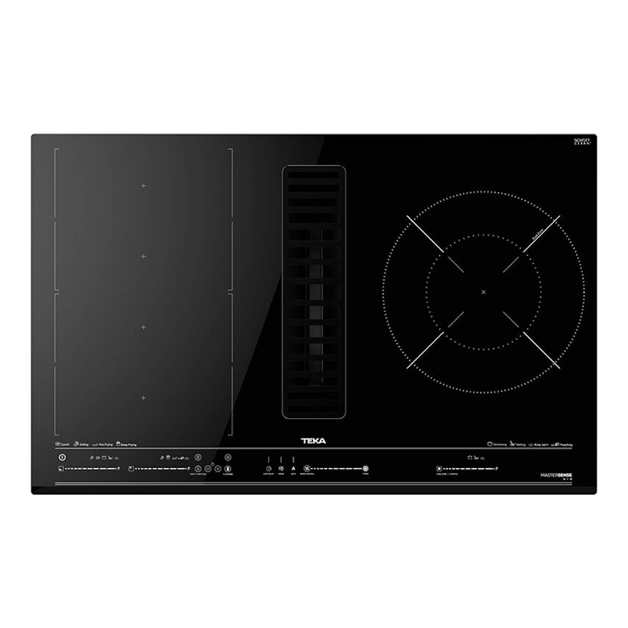 Placa de inducción Teka AFC87628MST BK negra, vista frontal, con extractor integrado central.