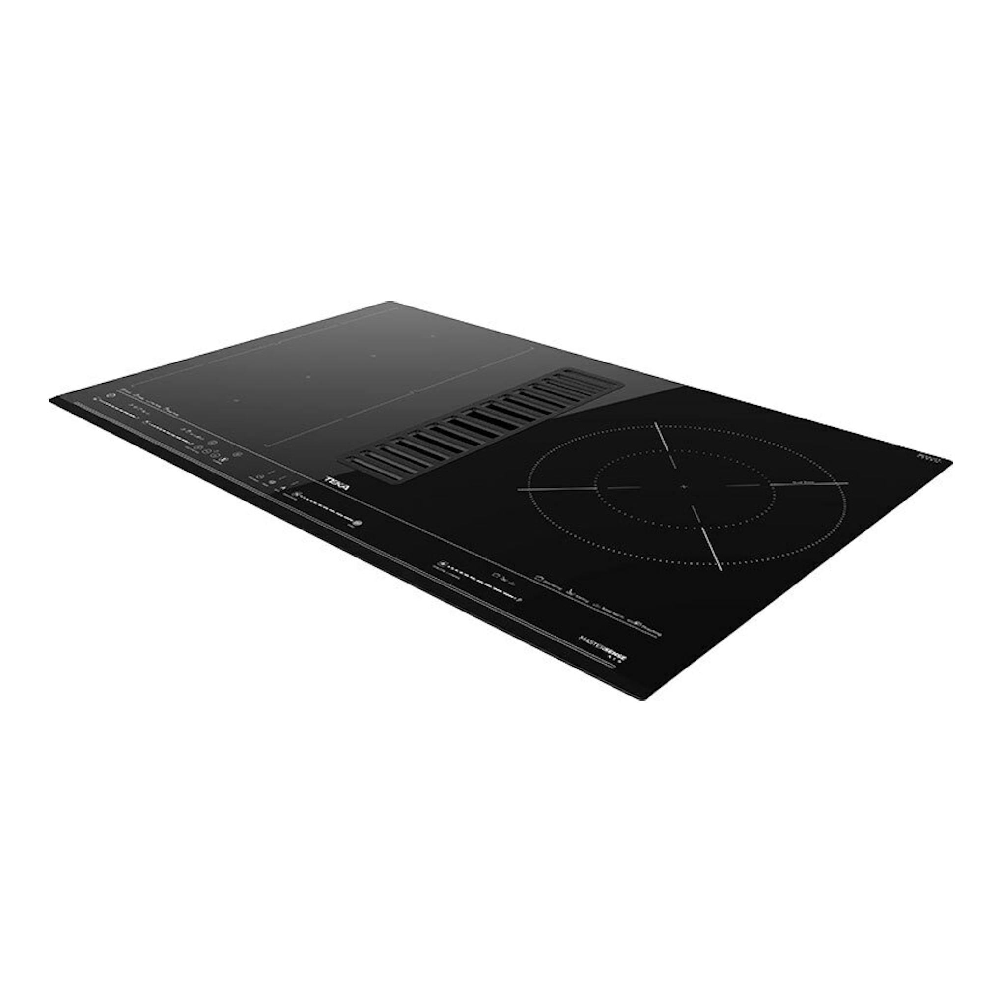 Placa de inducción Teka AFC87628MST BK negra con extractor integrado, vista en perspectiva.