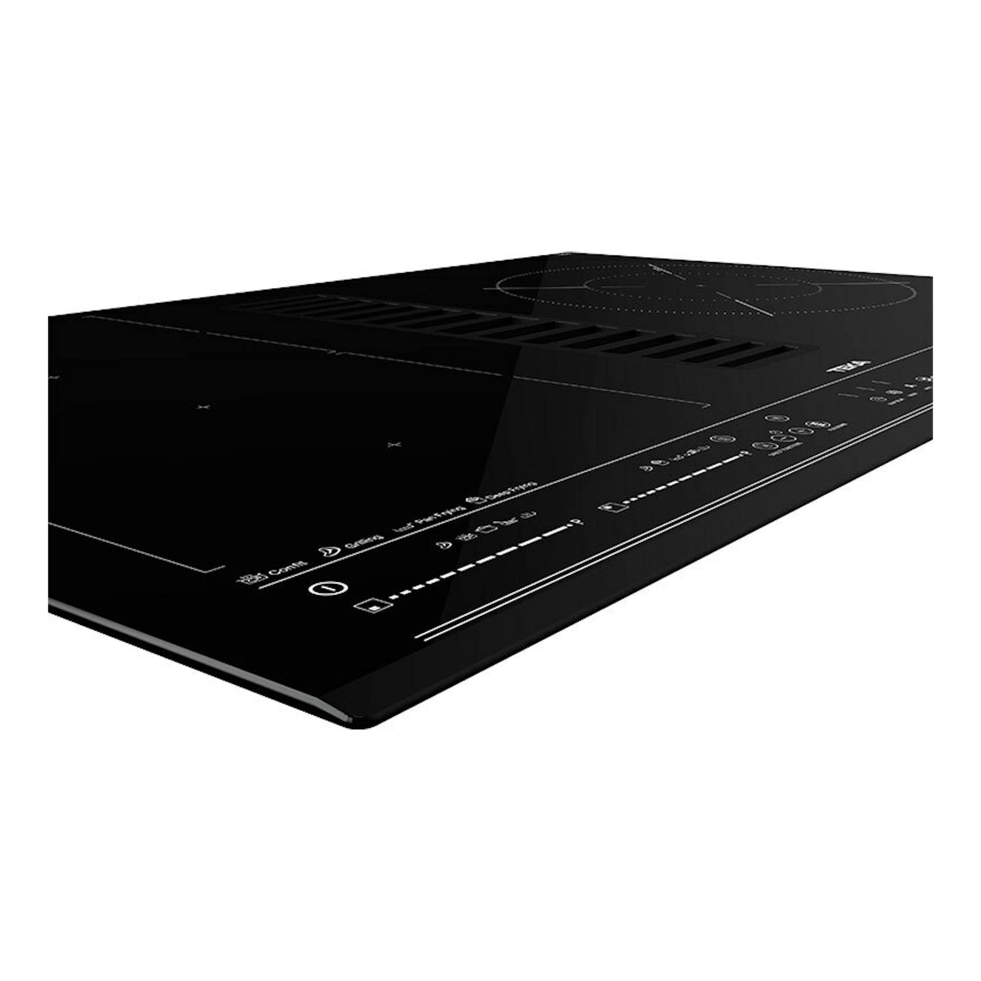 Placa de inducción negra Teka AFC87628MST BK con extractor integrado, vista en ángulo.