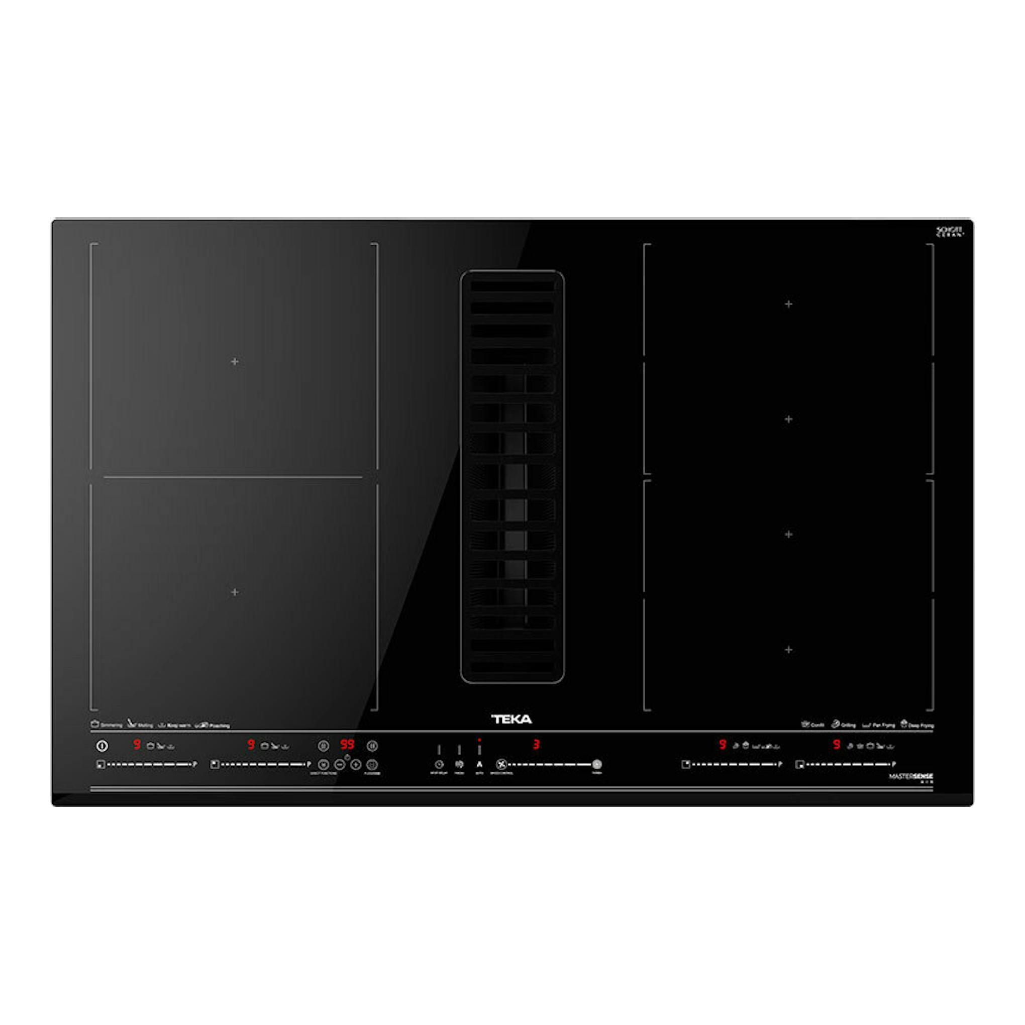 Placa de inducción negra Teka AFF87601MST con extractor integrado, vista superior.