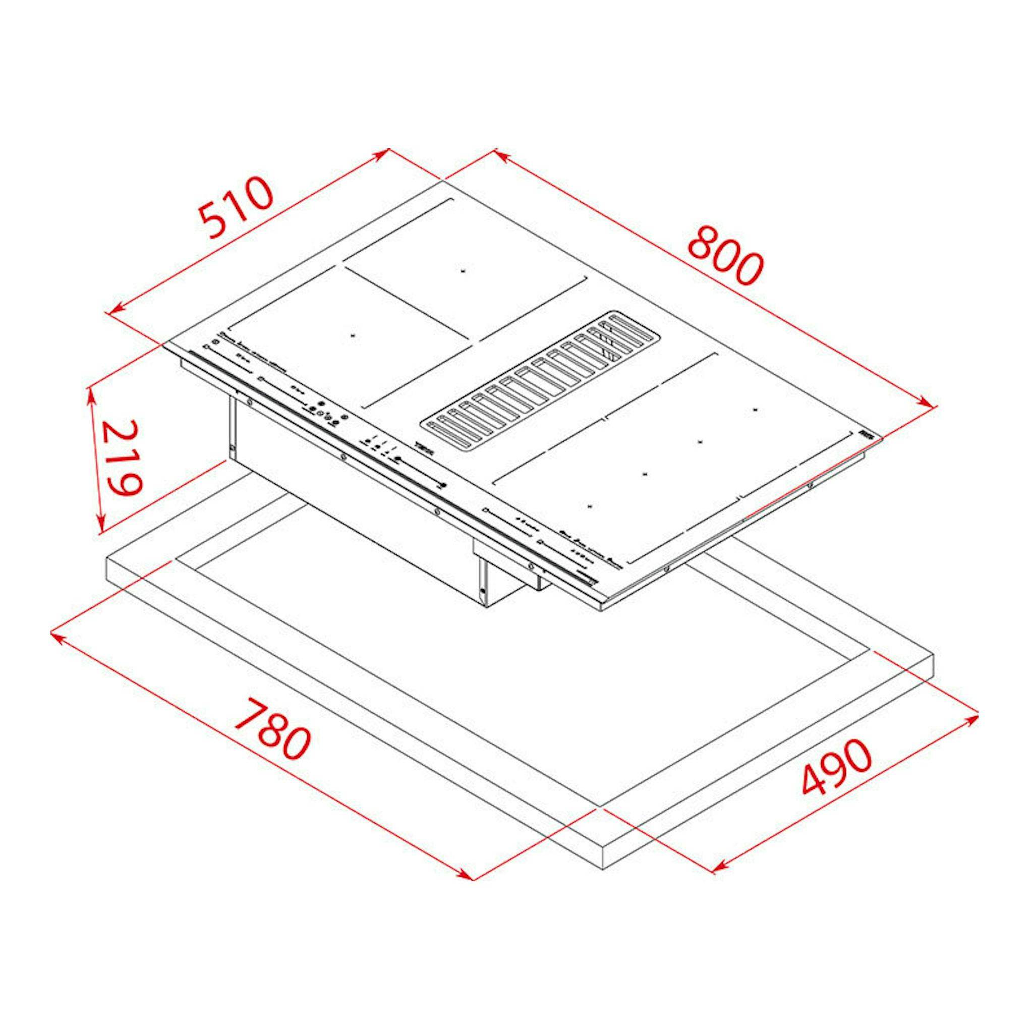 Teka AFF87601MST: placa de inducción con extractor integrado, vista isométrica en blanco con medidas en rojo.