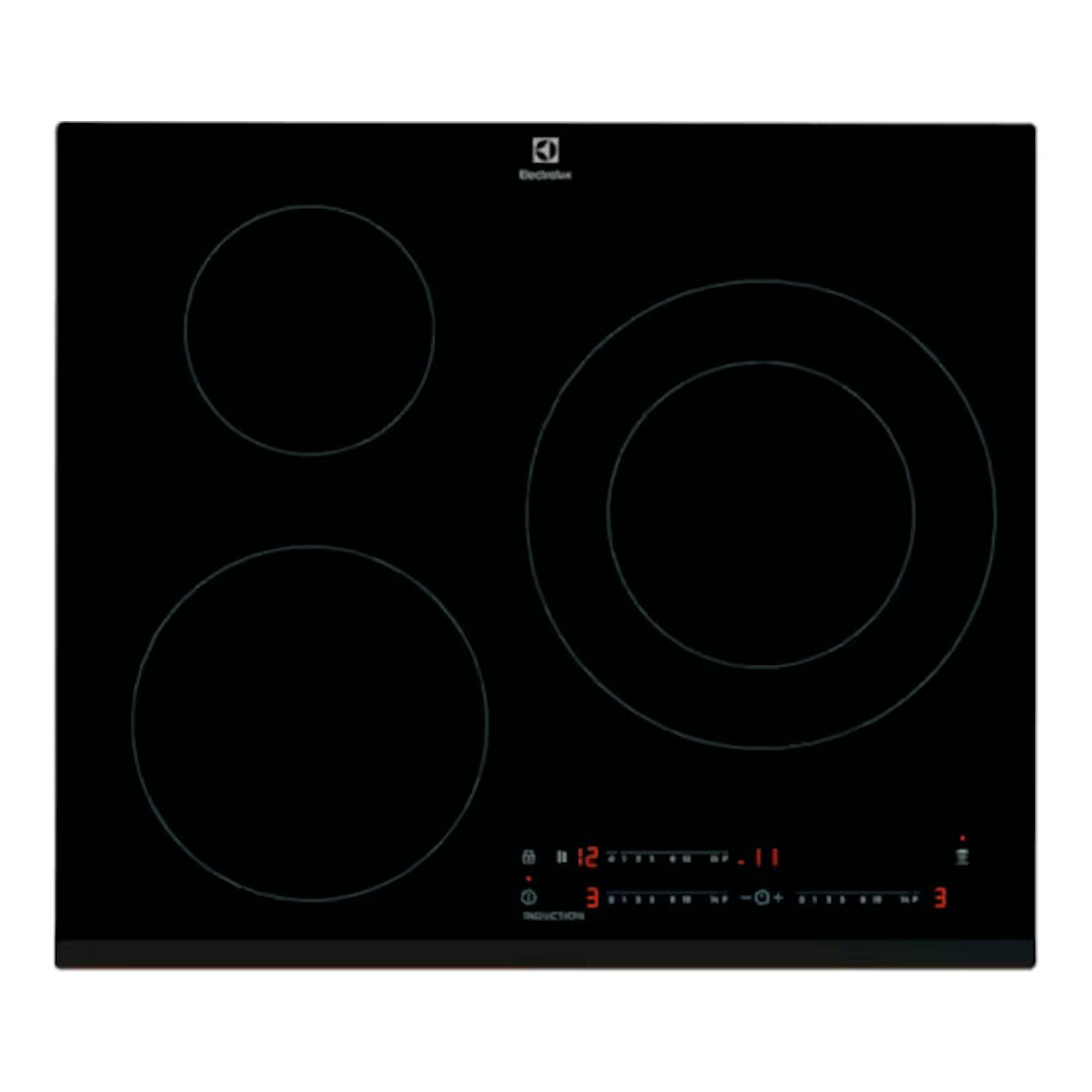 Placa de inducción Electrolux EIT60342 negra, vista superior, con cuatro zonas de cocción.