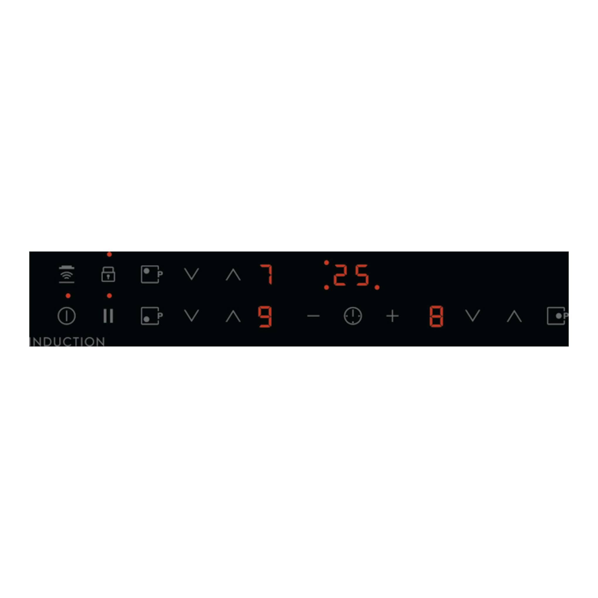 Panel táctil de placa de inducción Electrolux EIT61336CB negra, con dígitos rojos y botones iluminados.