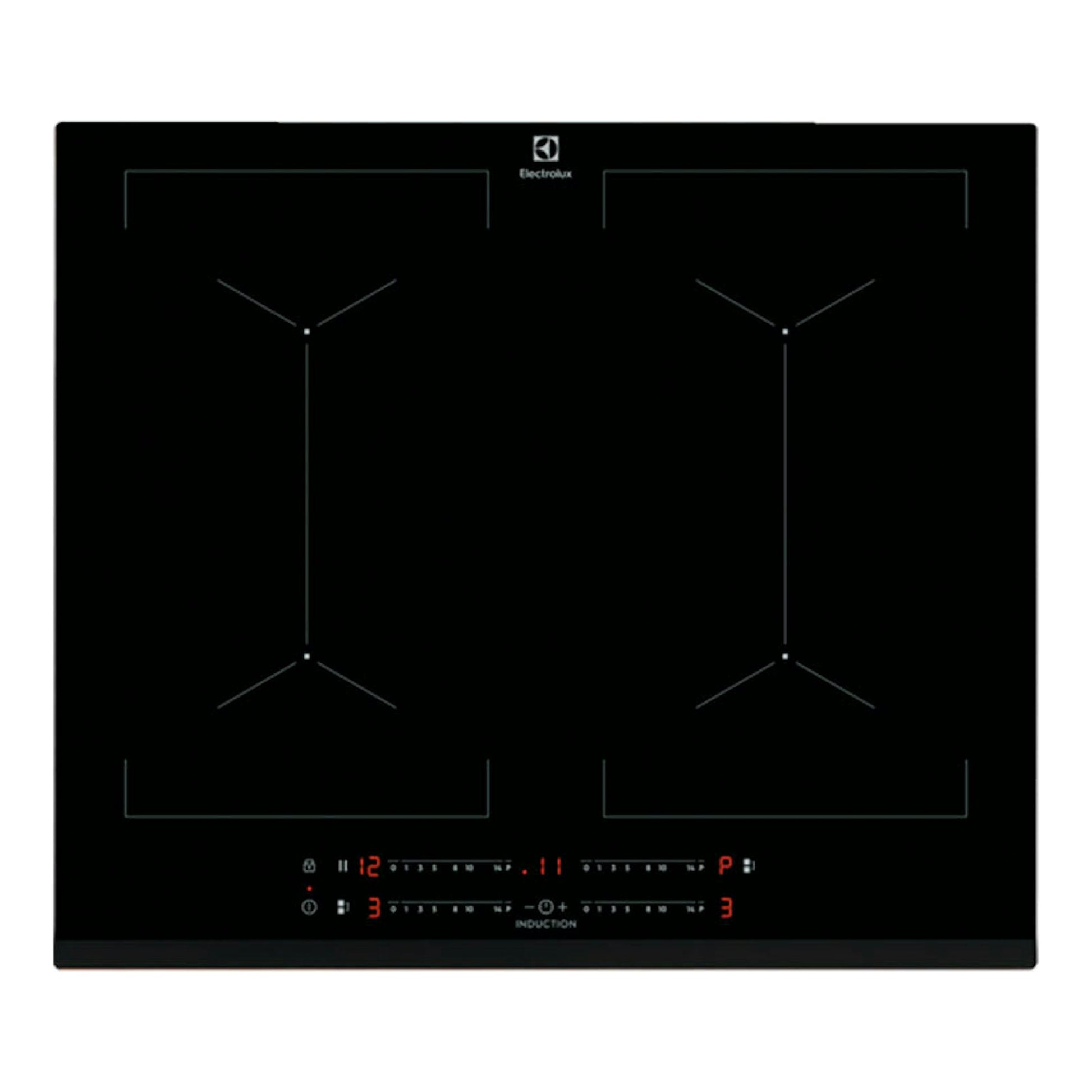 Placa de inducción Electrolux EIV644 negra, vista frontal superior, con cuatro zonas y panel táctil digital.