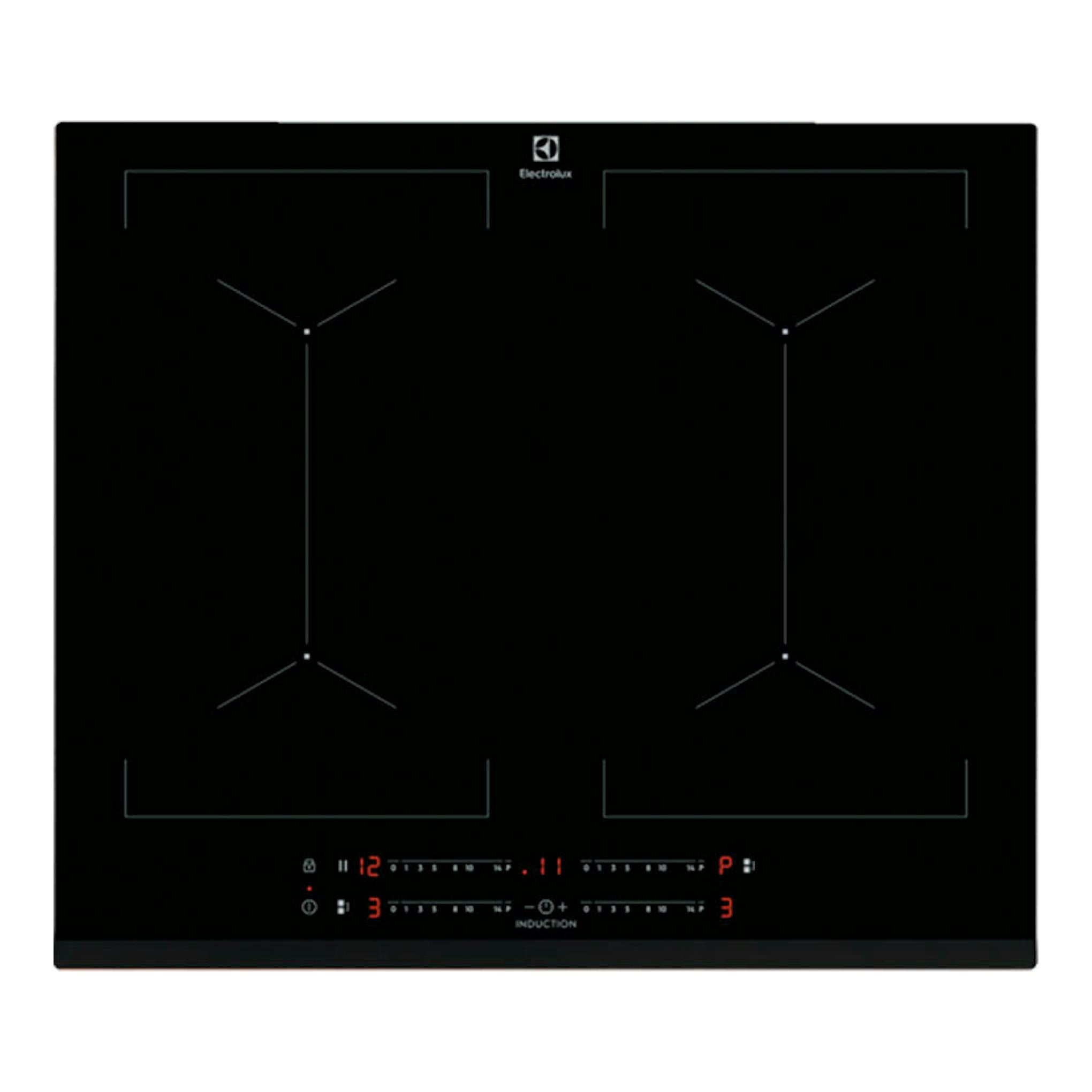 Placa de inducción Electrolux EIV644 negra, vista frontal superior, con cuatro zonas y panel táctil digital.