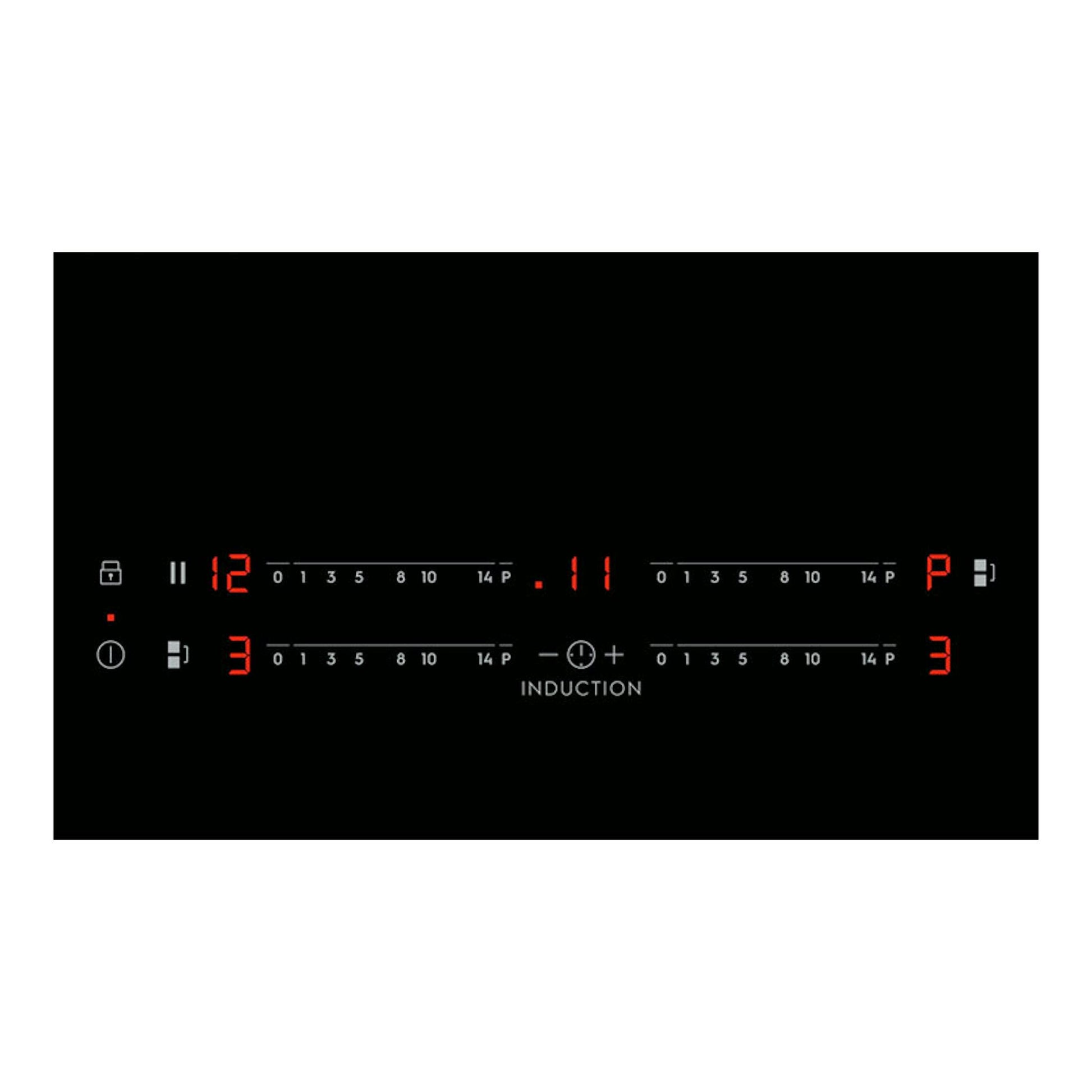 Placa de inducción Electrolux EIV644 negra, vista frontal del panel táctil con indicadores rojos.