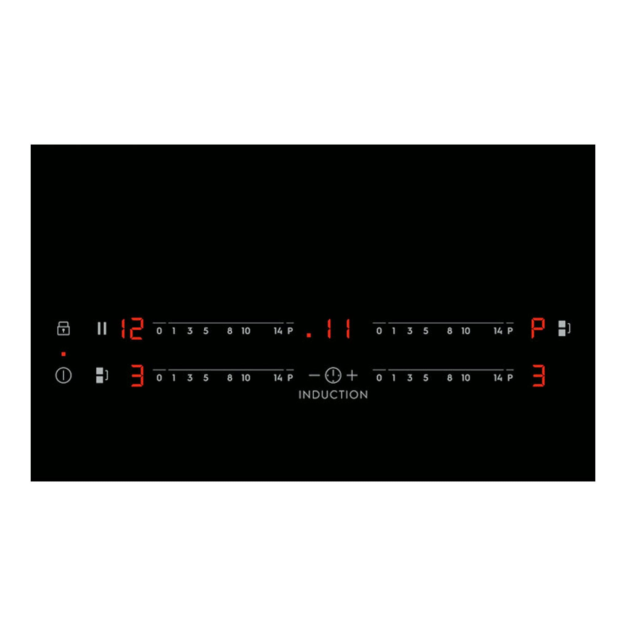 Placa de inducción Electrolux EIV644 negra, vista frontal del panel táctil con indicadores rojos.