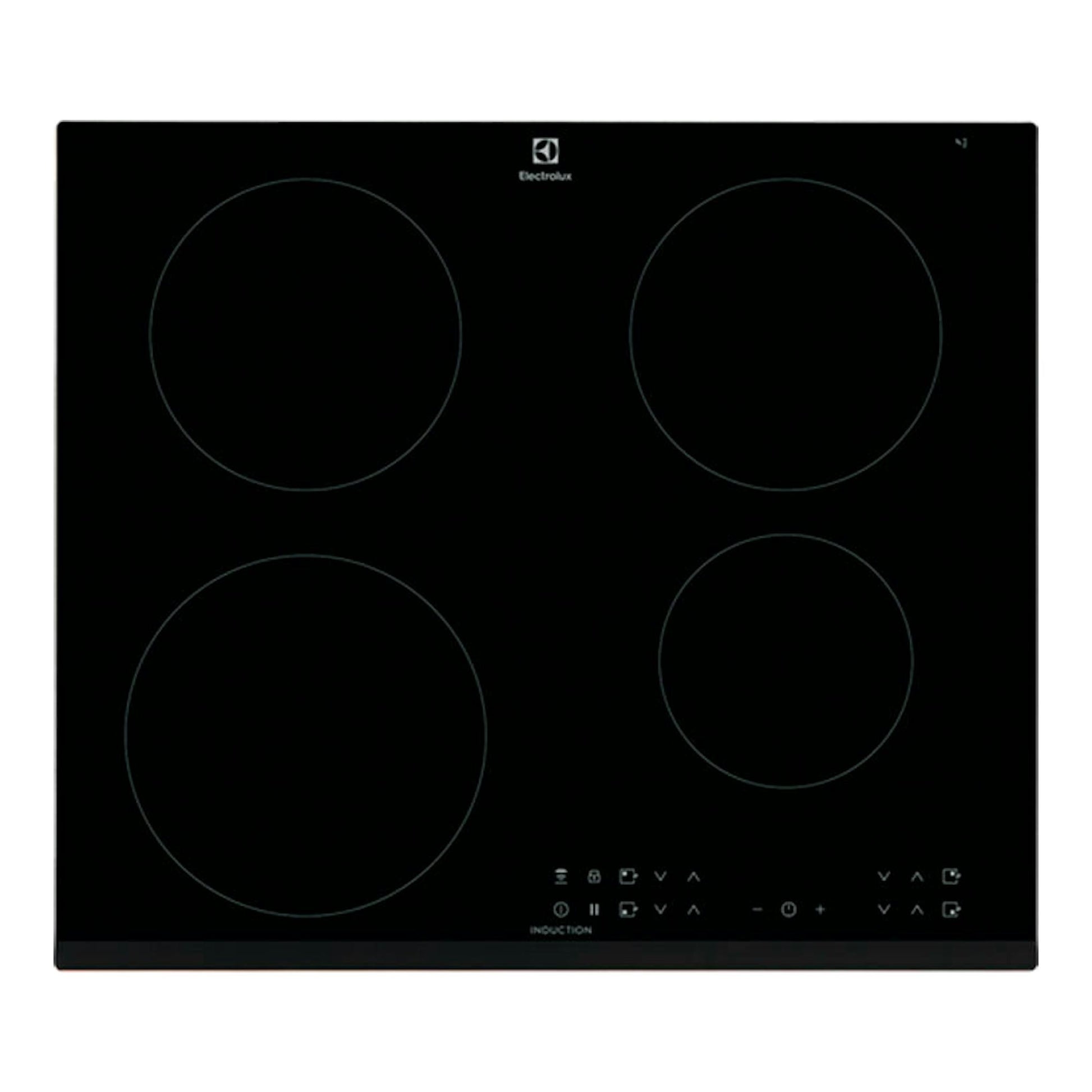 Placa de inducción Electrolux LIT6043 negra, vista frontal superior, con cuatro zonas circulares.