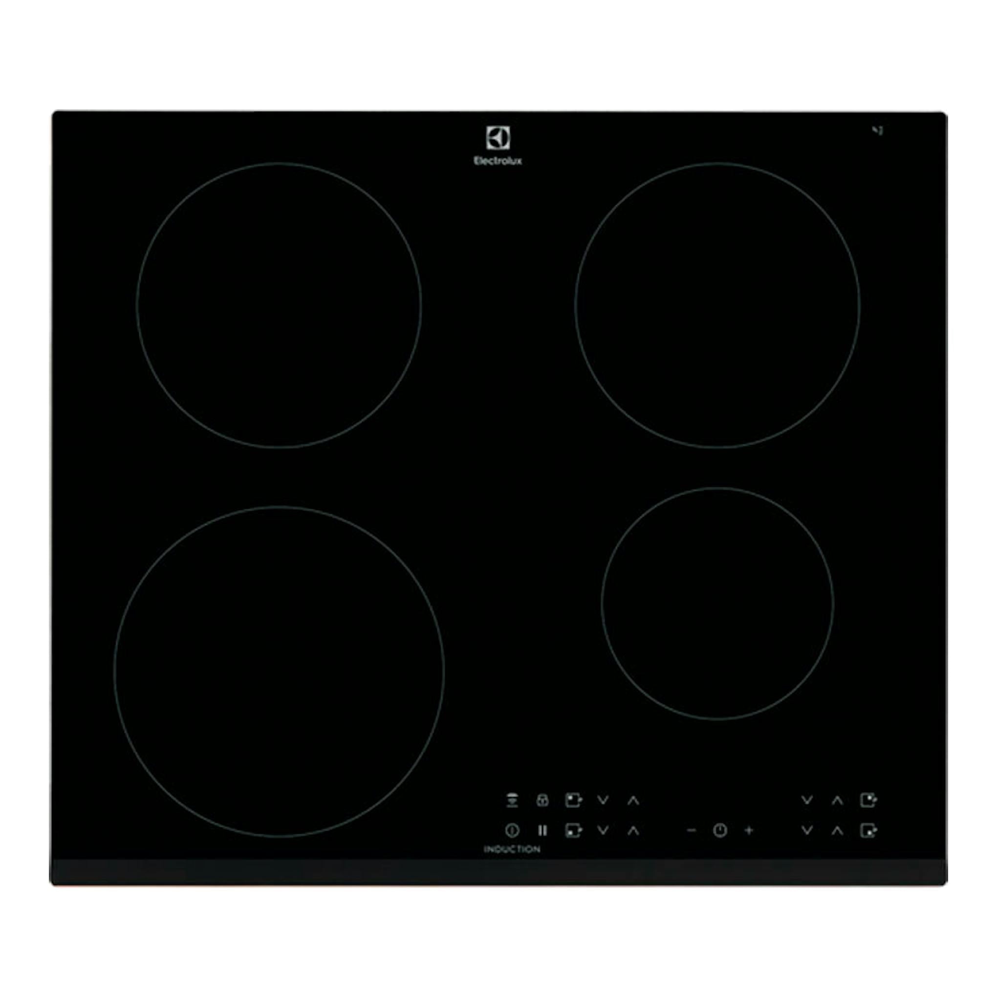 Placa de inducción Electrolux LIT6043 negra, vista frontal superior, con cuatro zonas circulares.