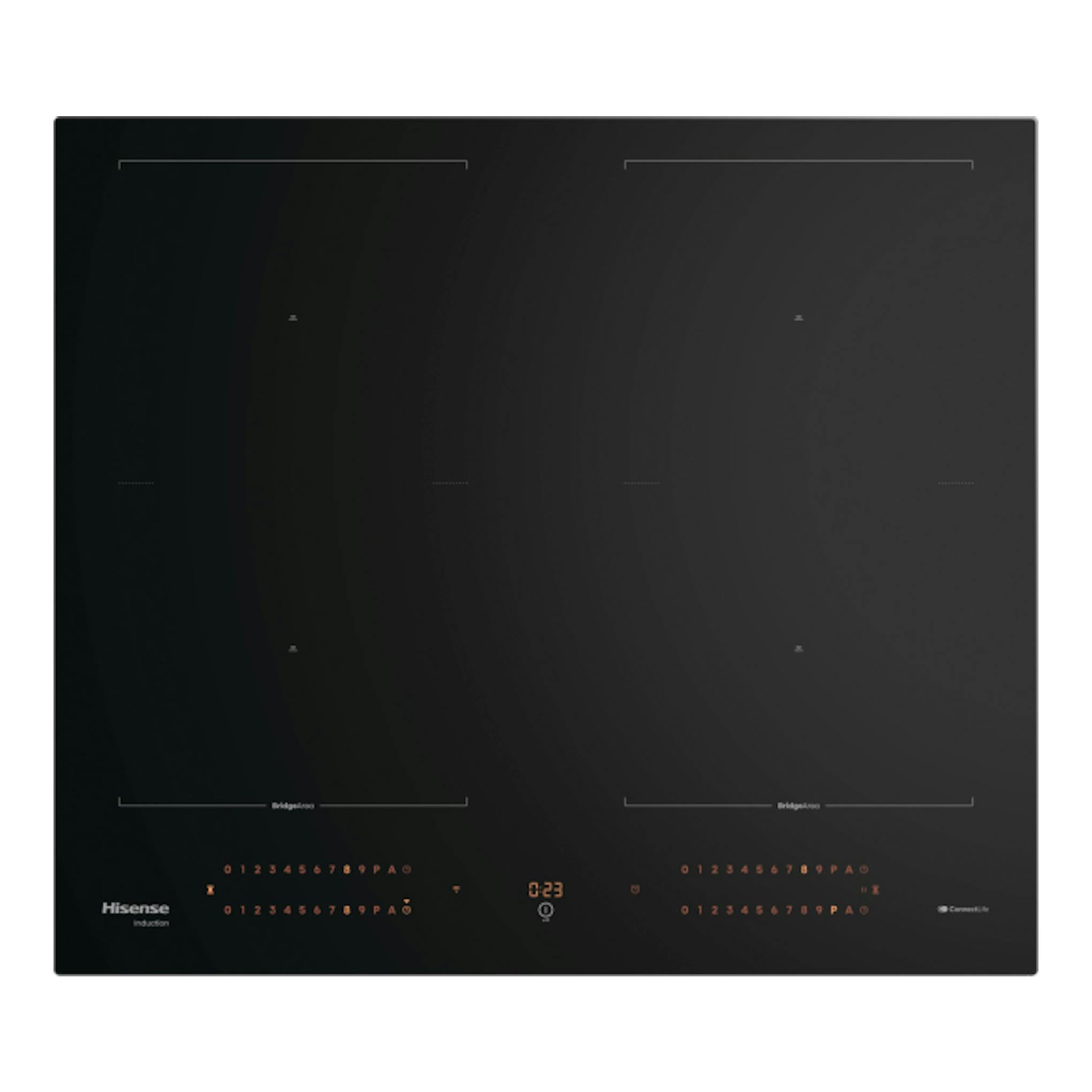 Placa de inducción Hisense HI6443BSCWF negra, vista frontal, con 4 zonas y panel táctil inferior.