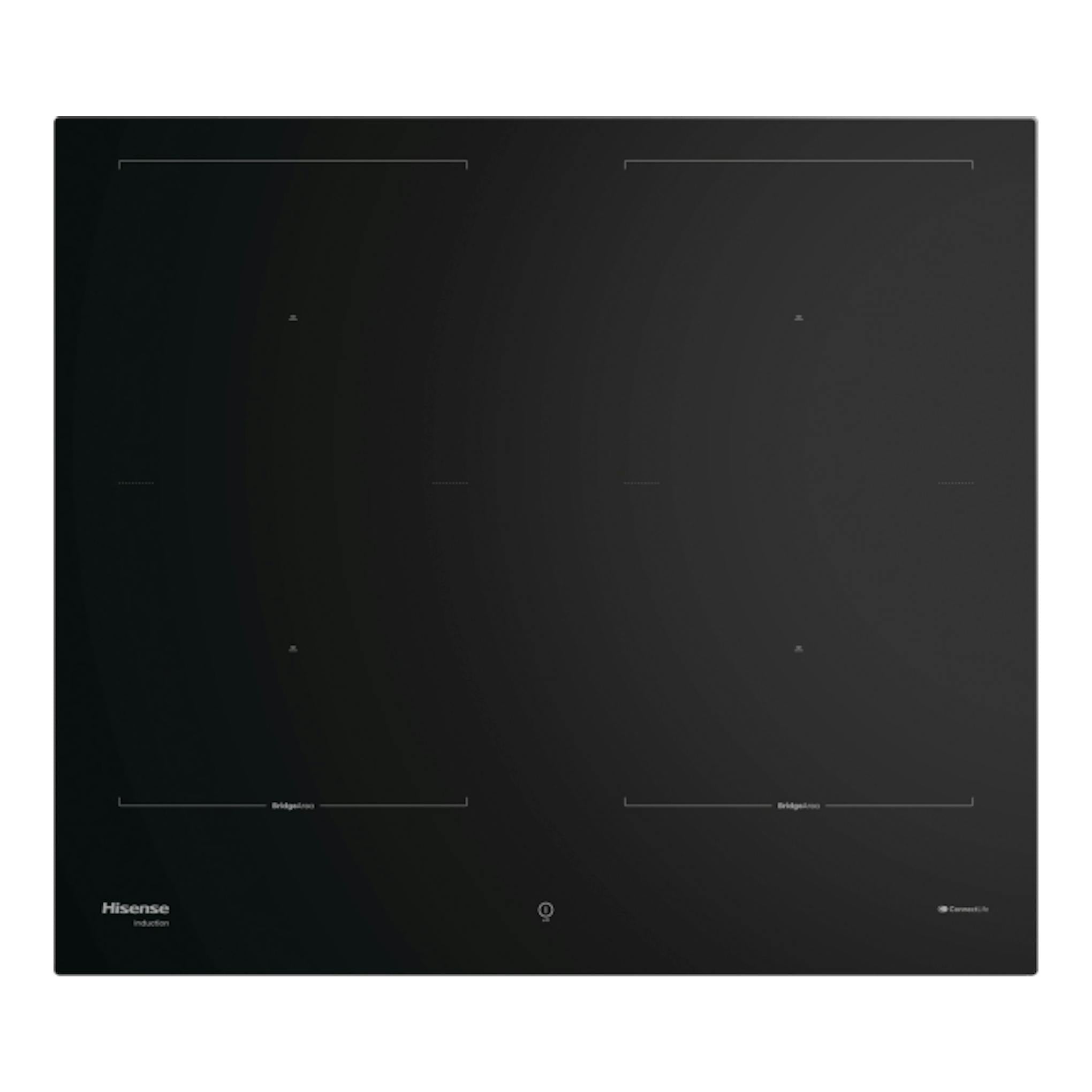 Placa de inducción Hisense HI6443BSCWF negra, vista superior, con 4 zonas de cocción.