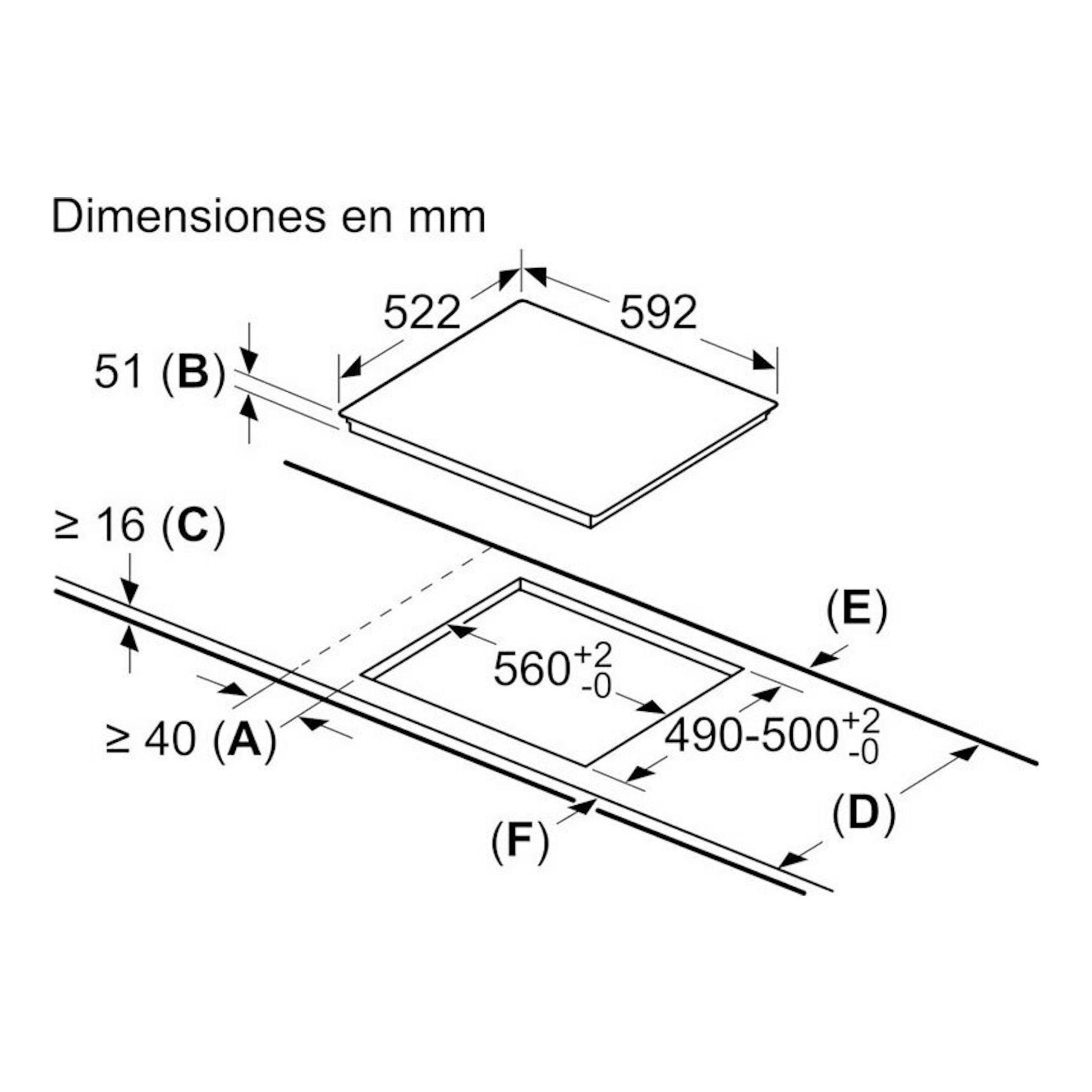 Bosch PID612BB1E: esquema de instalación de placa de inducción integrable, vista en perspectiva con medidas en mm.