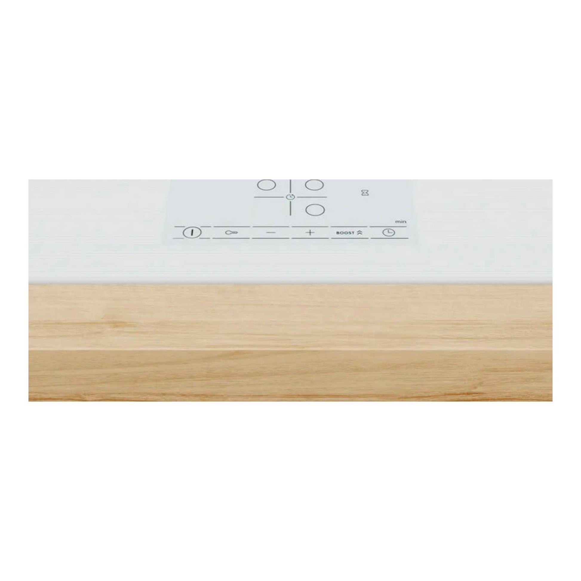 Placa de inducción Bosch PID612BB1E blanca, vista parcial superior con mandos táctiles y encimera de madera.