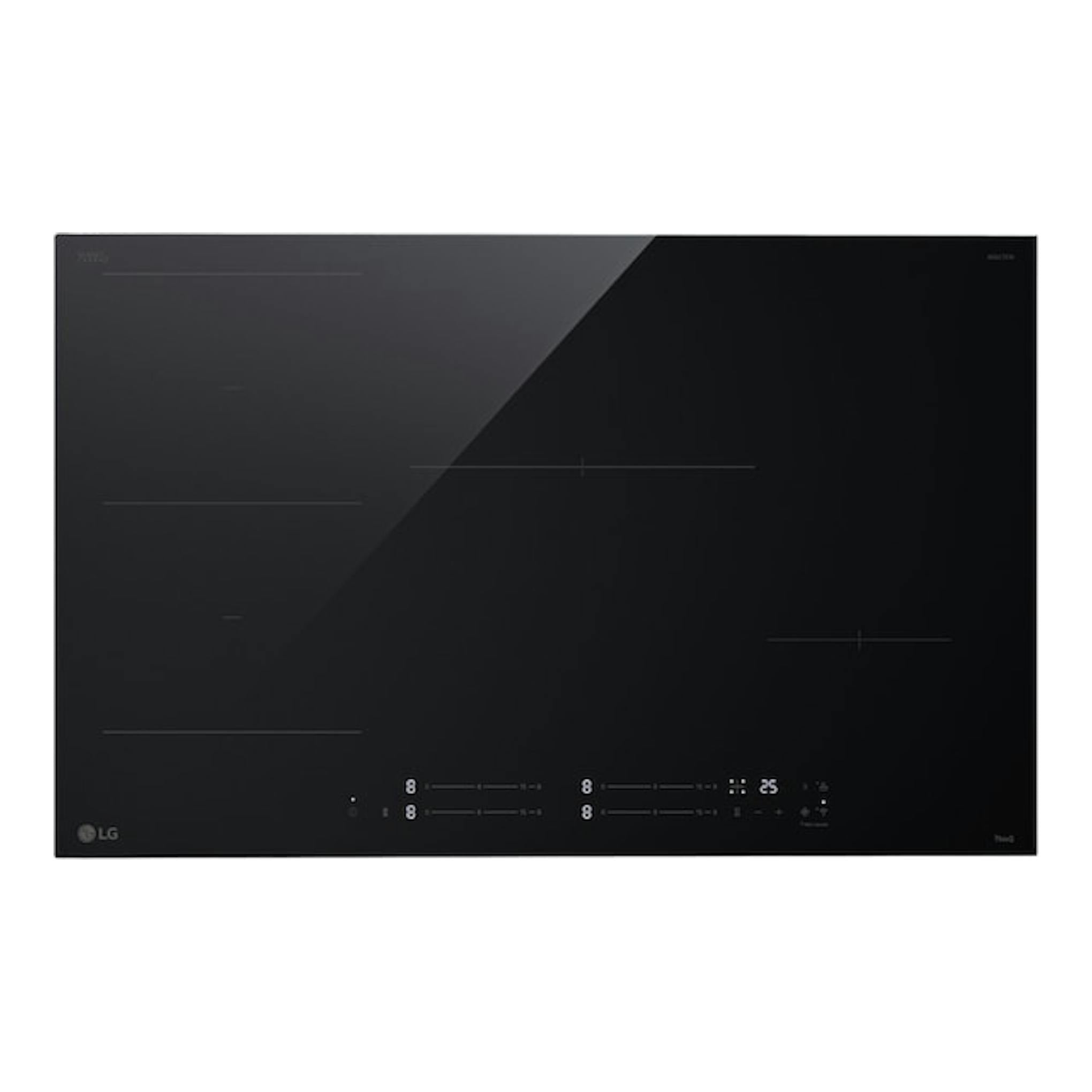 Placa de inducción LG CBIZ3035B negra, vista frontal, con cuatro zonas de cocción y controles táctiles.
