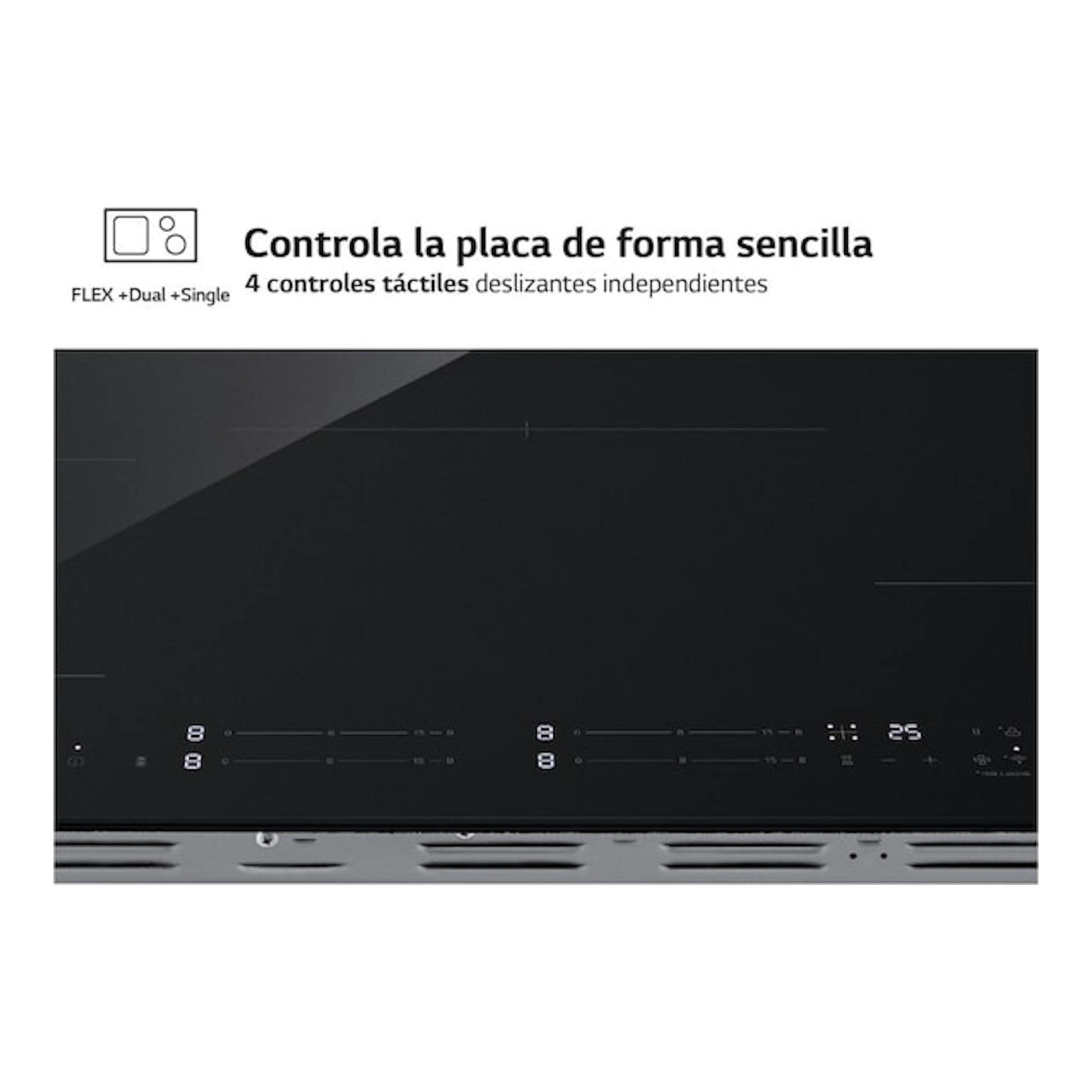 Placa de inducción LG CBIZ3035B negra, vista frontal, con controles táctiles y varias zonas de cocción.