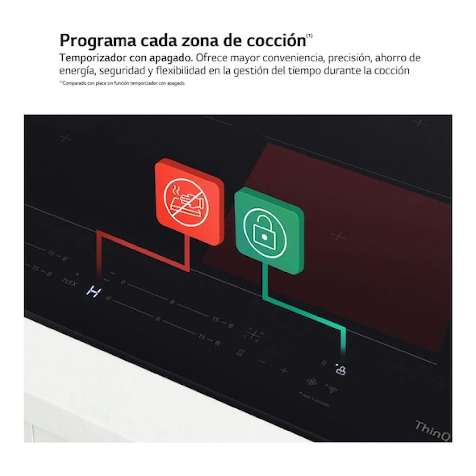 Placa de inducción LG CBIZ3035B negra, vista frontal inclinada, con controles táctiles e iconos de bloqueo.