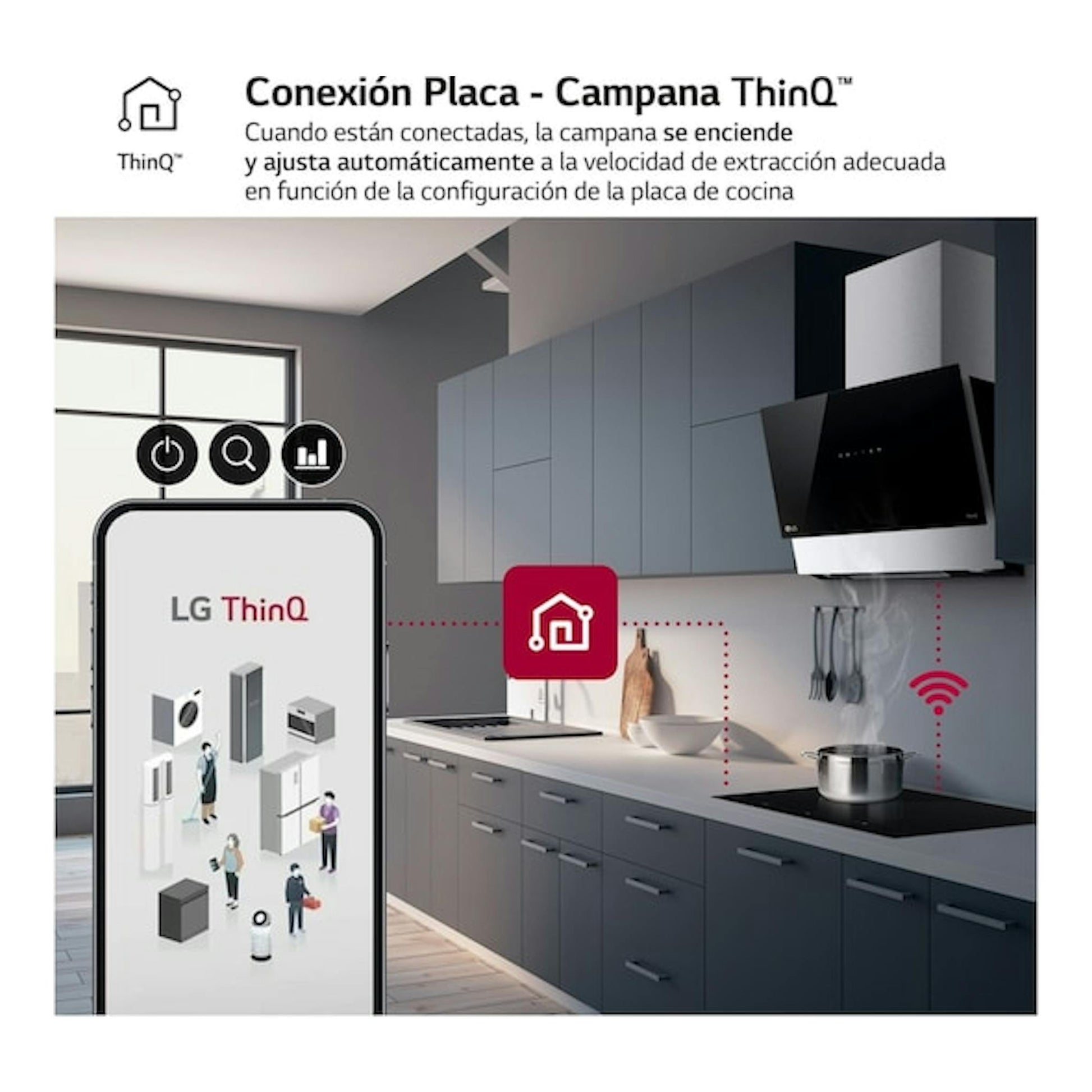Infografía frontal de cocina con placa de inducción LG CBIZ3035B y campana ThinQ conectadas por Wi‑Fi.