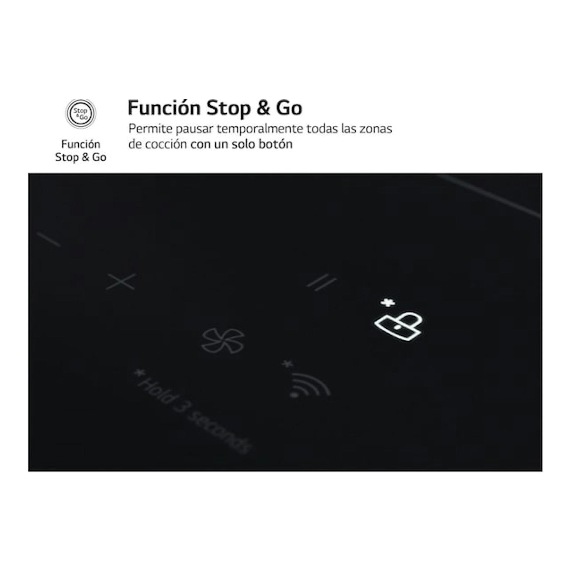Placa de inducción LG CBIZ3035B negra, vista frontal parcial con iconos táctiles y función Stop & Go.