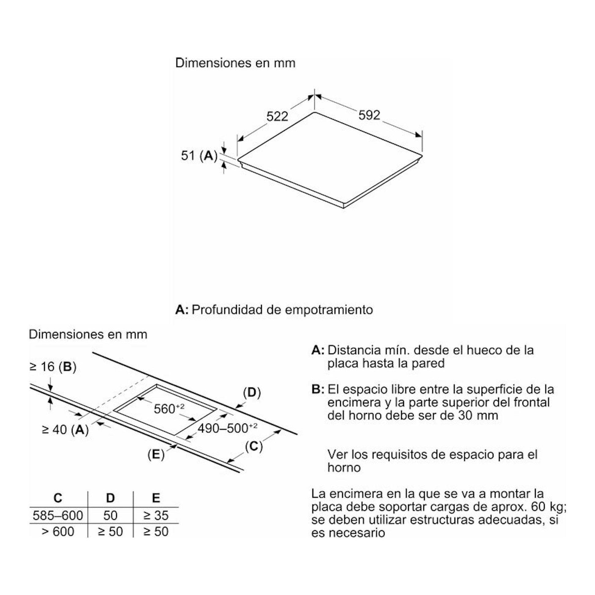 Diagrama técnico de placa de inducción Siemens EH631HCC1E, vista isométrica con medidas en mm.