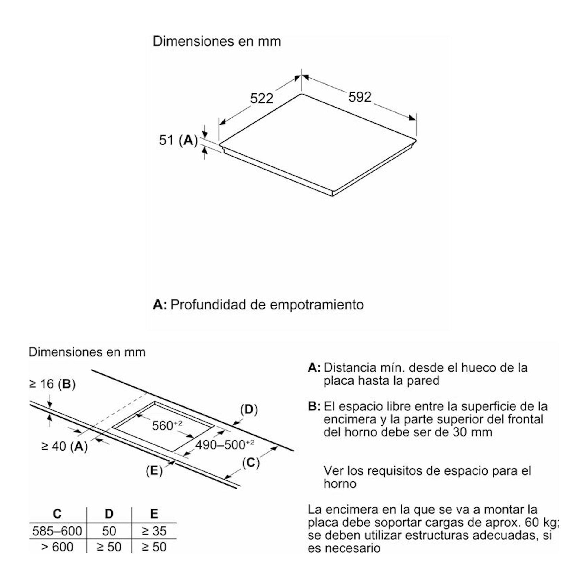 Diagrama técnico de dimensiones de empotramiento de placa de inducción Siemens EH631HDC1E en vista esquemática.