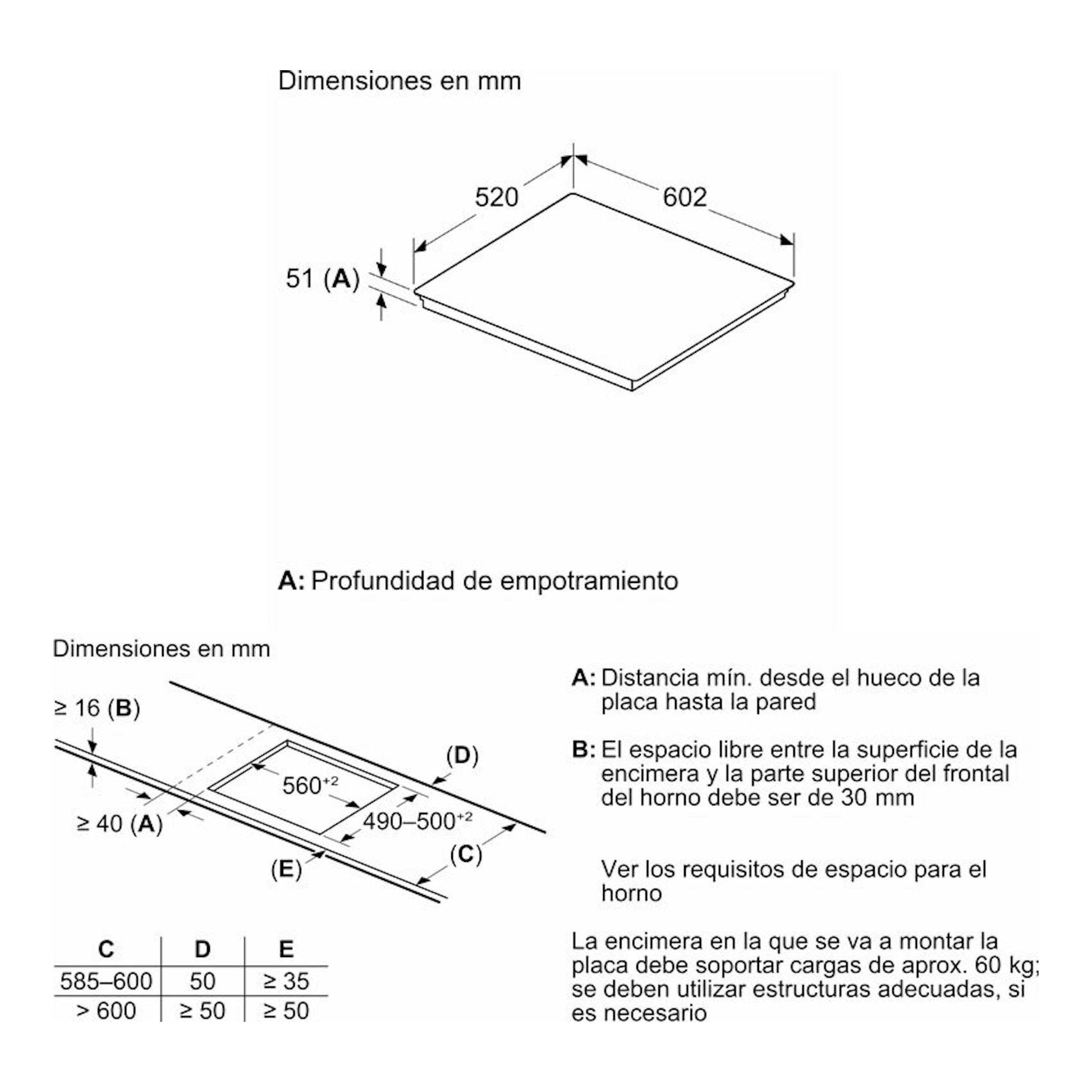 Diagrama técnico en blanco y negro de la placa de inducción Siemens EH677HCC1E con dimensiones en mm.