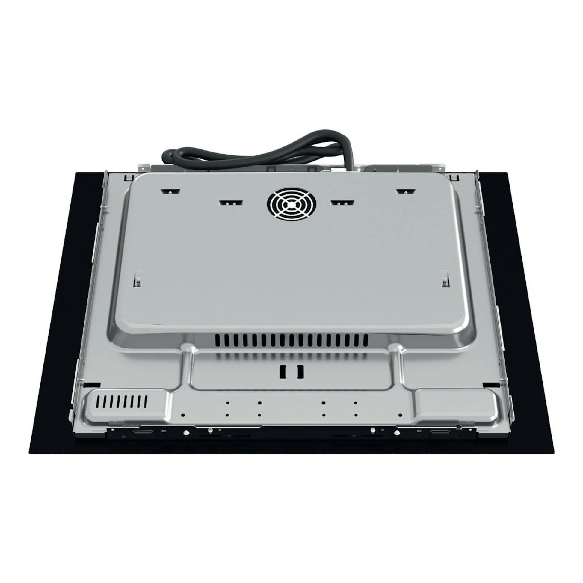 Whirlpool WB B3760 BF, vista inferior de placa de inducción negra y metálica con cable de alimentación.